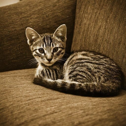 a nostalgic image of a small tabby cat lying on a brown sofa