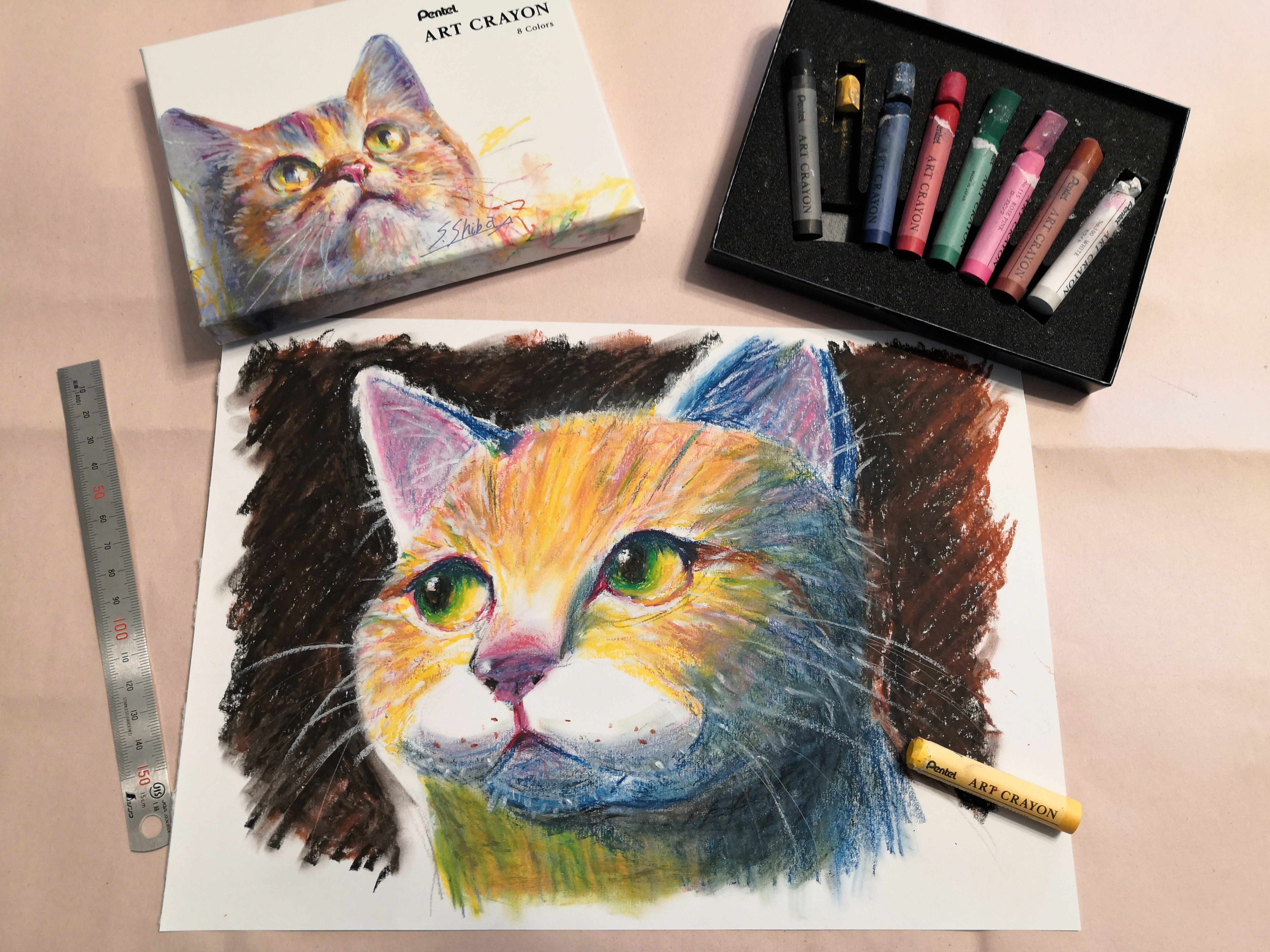 クレヨンアート／くつろいだネコ クレヨンアート 仔猫（原画）