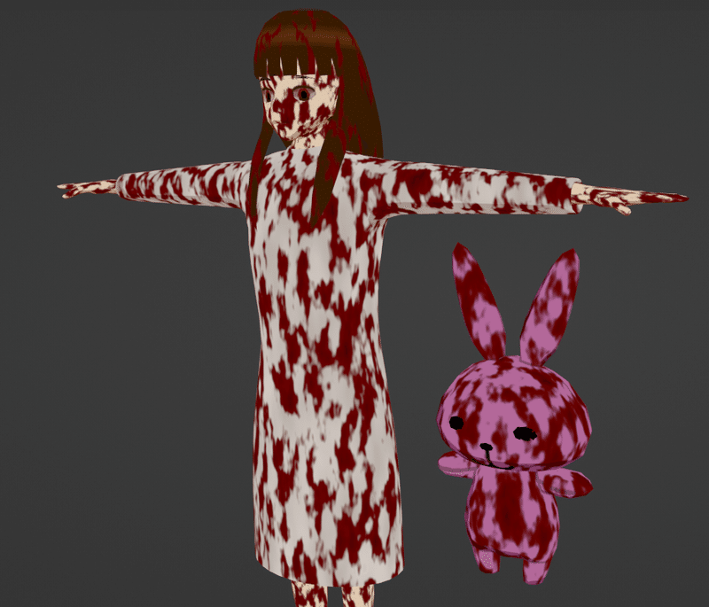 3DCGソフト「Blender」で作った、ホラー作品「カラダ探し」の敵キャラ、『赤い人』とウサギのぬいぐるみの美沙ちゃん
