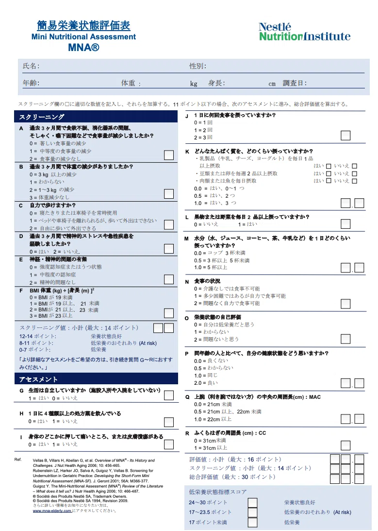 簡易栄養状態評価表（MNA）の質問項目。食事量・体重減少・移動能力などを評価する