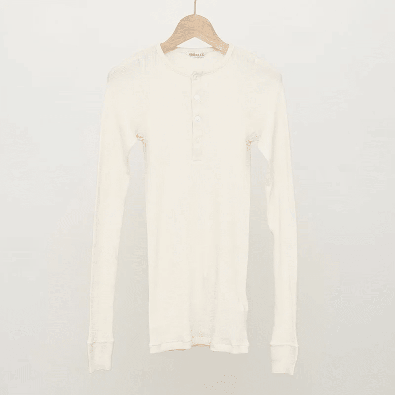 Auralee Organic Soft Rib Henley Neck Long Sleeve Tee in