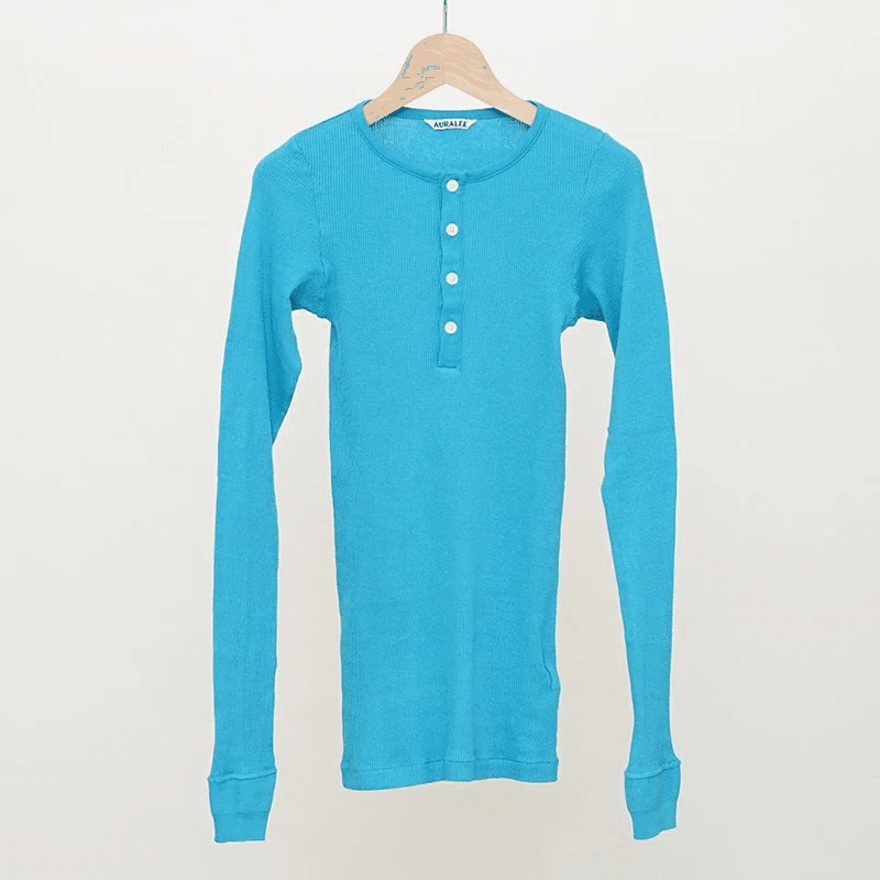 Auralee Organic Soft Rib Henley Neck Long Sleeve Tee in