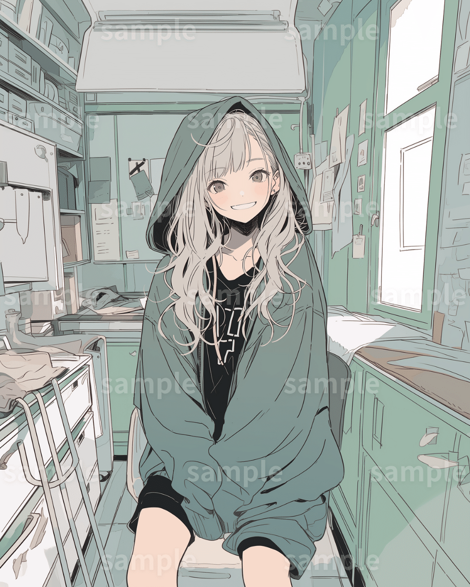 イラスト】「Greenパーカー女子」フリー素材2枚セット｜女性