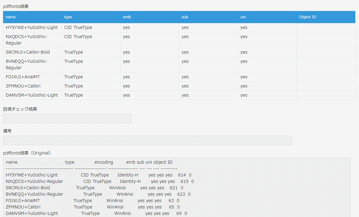 pdffontsの実行結果のtextファイルを読み込んでサブテーブルに登録した結果を確認。name,type,emb,sub,uni,object IDのうち、objectIDだけ登録できていない