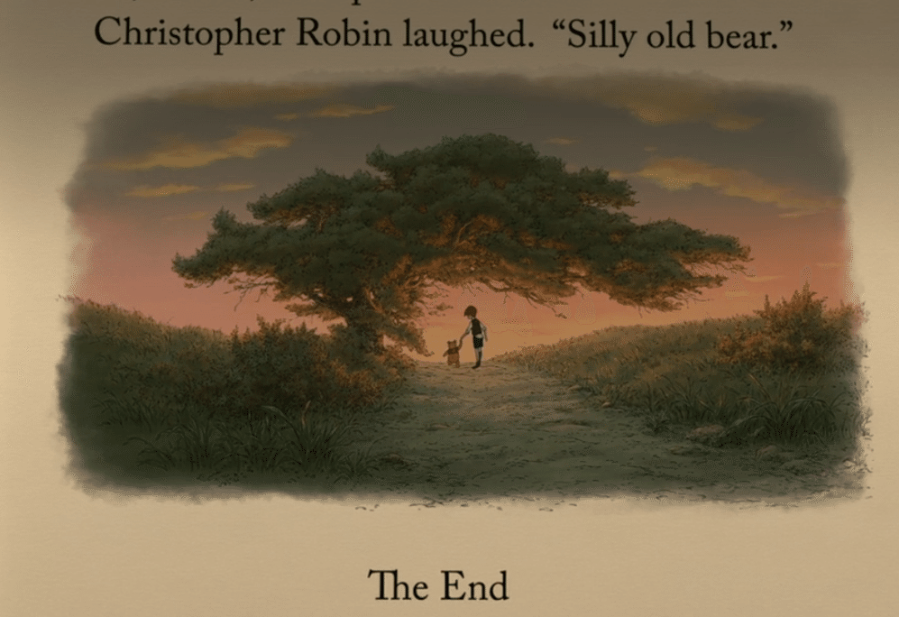 くまのプーさんの映画の最後、クリストファー・ロビンが「プーのおばかさん」と笑っているときのスクリーンショットです。