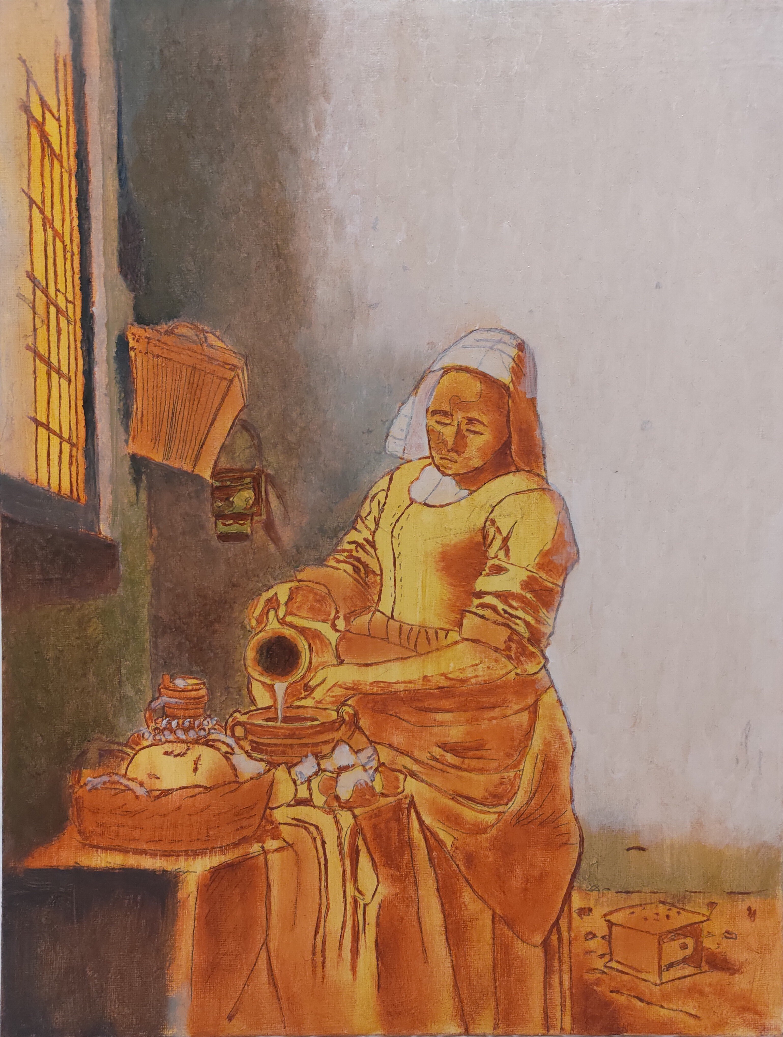 絵画 フェルメール「牛乳を注ぐ召使」模写 パステル画 F8 フェルメール