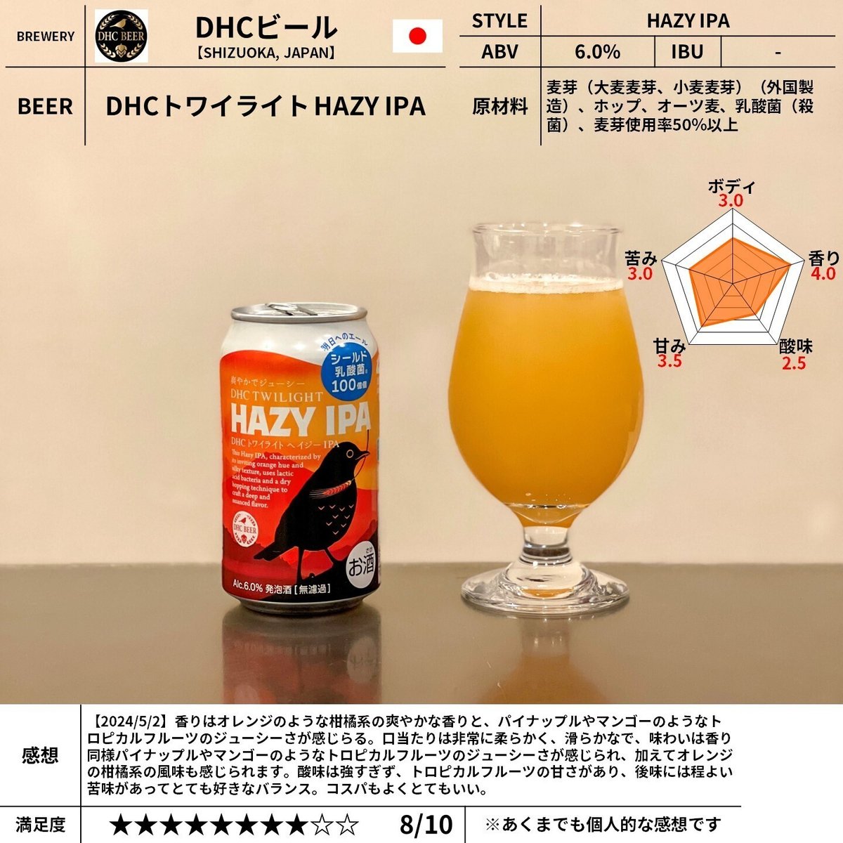 DHCビールの「DHCトワイライト HAZY IPA」｜yamashin0120 FUJI PREMIUM BREWINGトワイライト HAZY  IPA 350ml