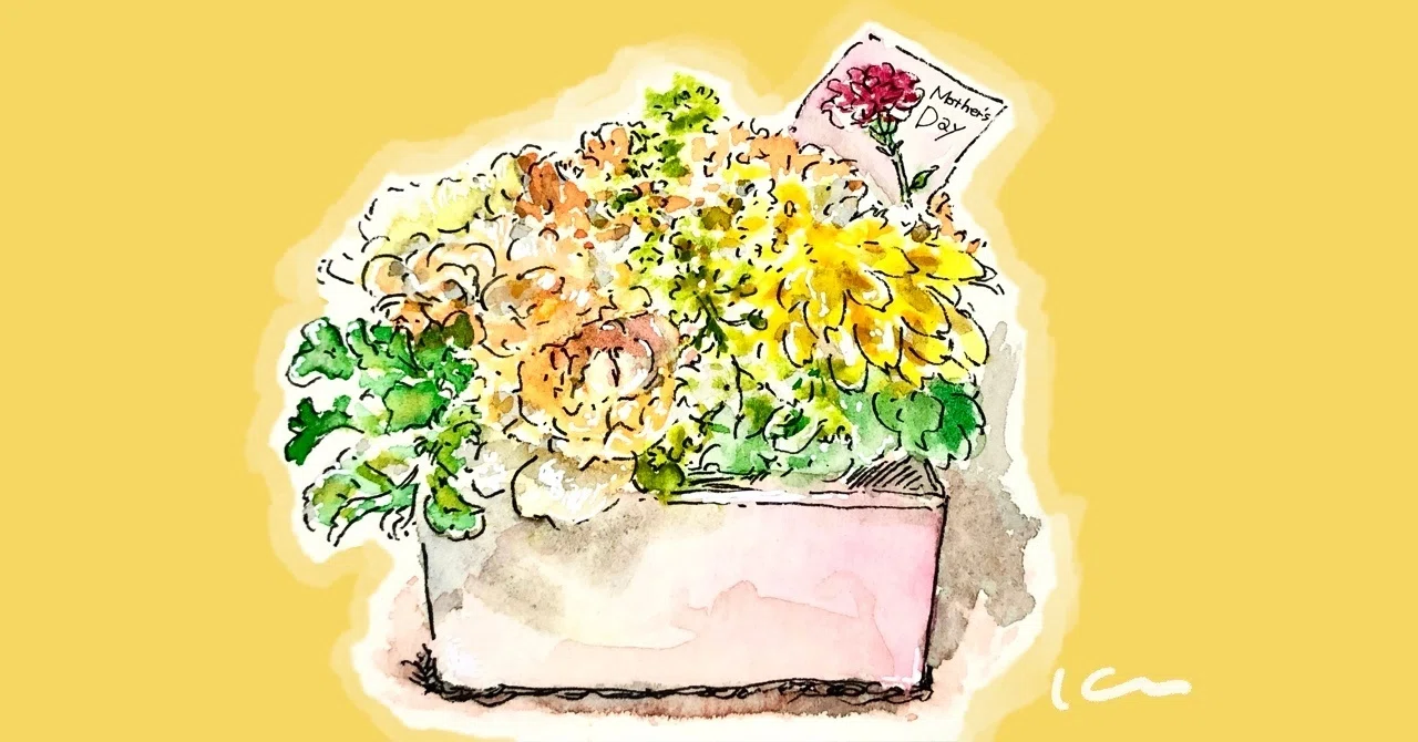 母の日のケーキとお花、お洒落カフェで食べたものを描いてみた