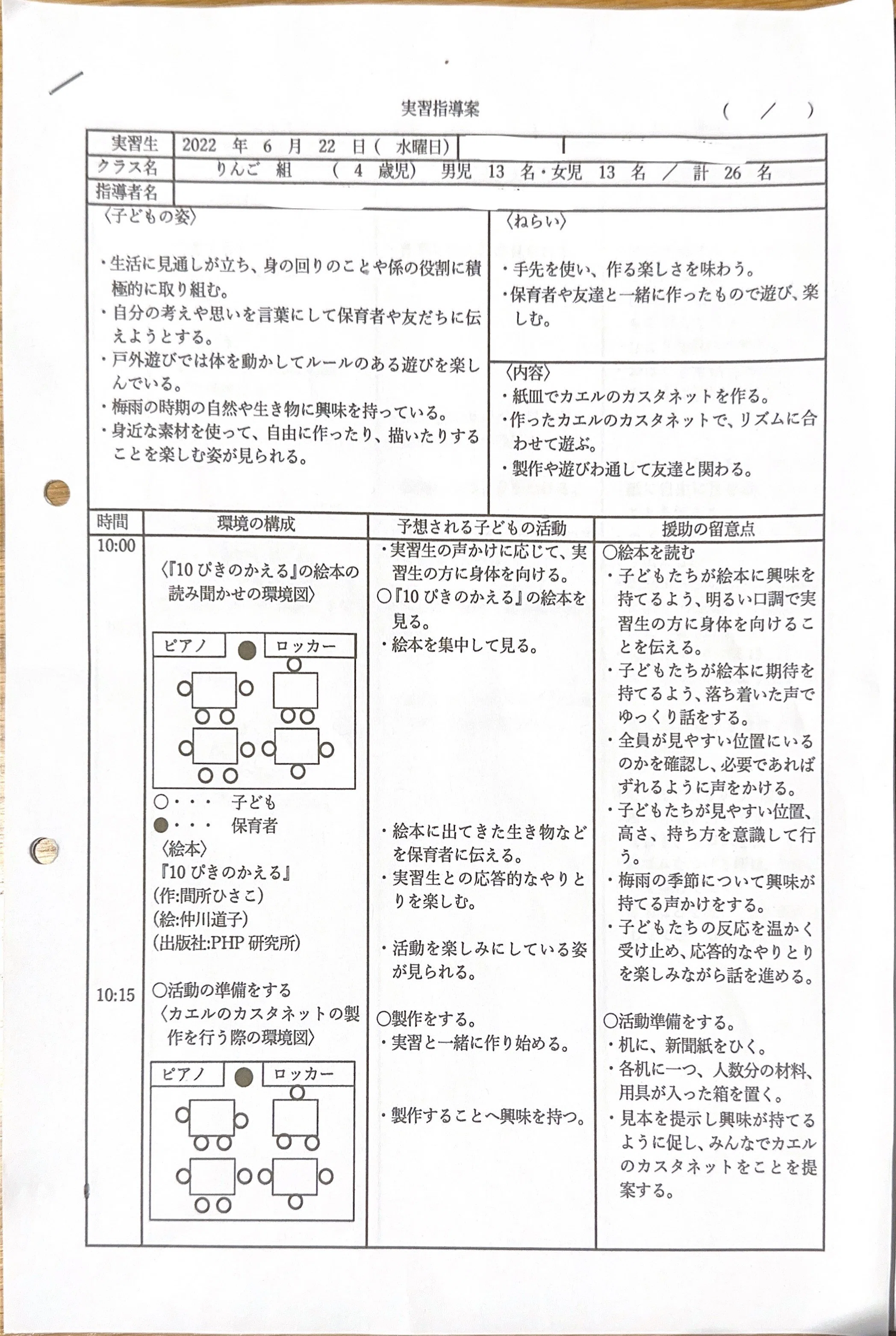 保育実習指導案 実例～全文画像付き～☆紙皿でカエルのカスタネットを