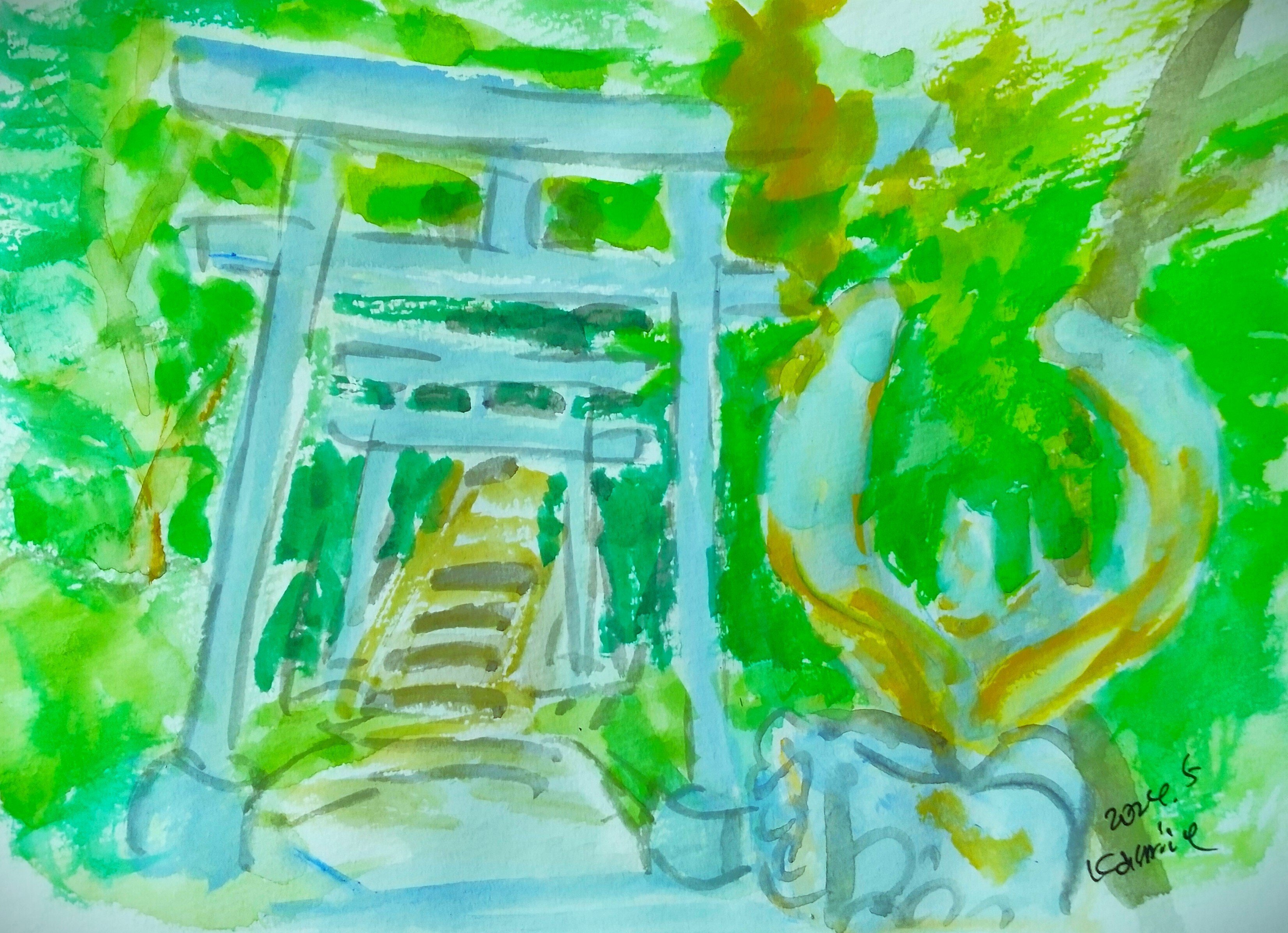 水彩画 (比木神社) 額装済み（星襄一 青い樹 | 絵画など美術品の