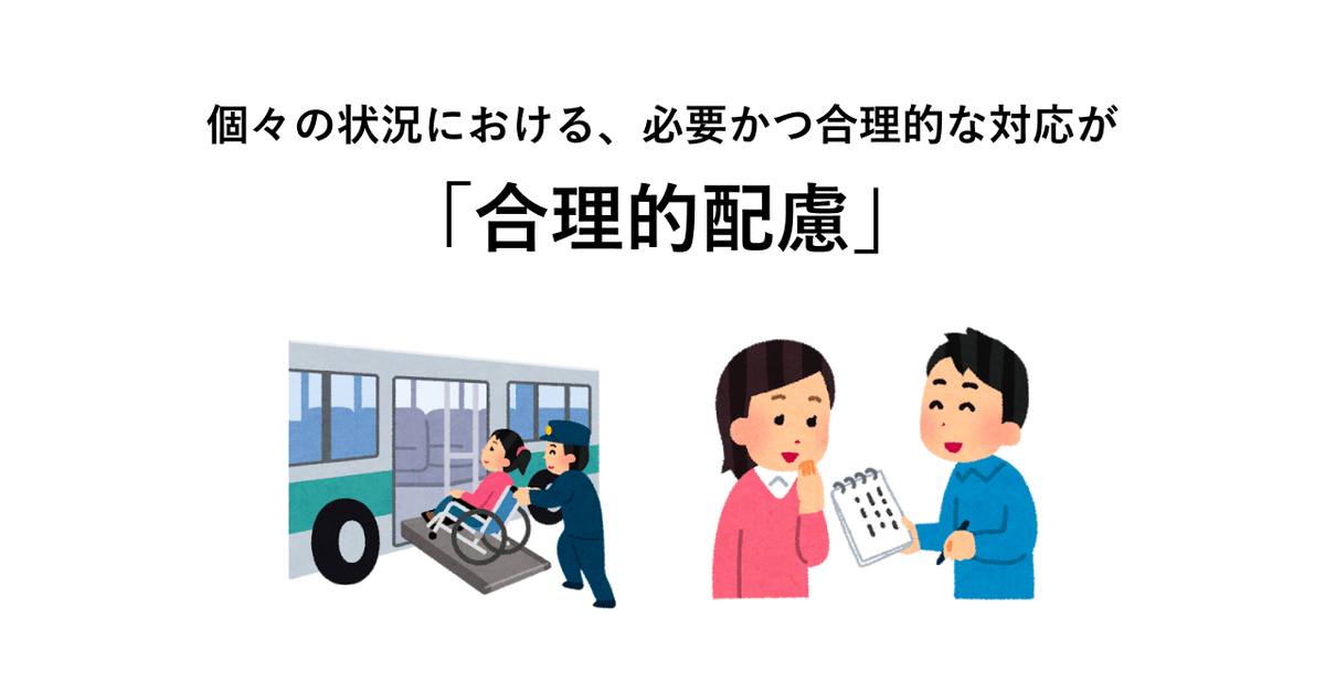 合理的配慮のイメージを伝える画像。「個々の状況における、必要かつ合理的な対応が『合理的配慮』」というテキストの下に、車椅子の女性がバスに乗るのを介助するイラスト、筆談でコミュニケーションを取る男女のイラスト添えられている。