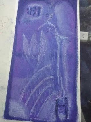 ゲーテアヌム紫のステンドグラスの模写（部分）｜やまがみくにこ