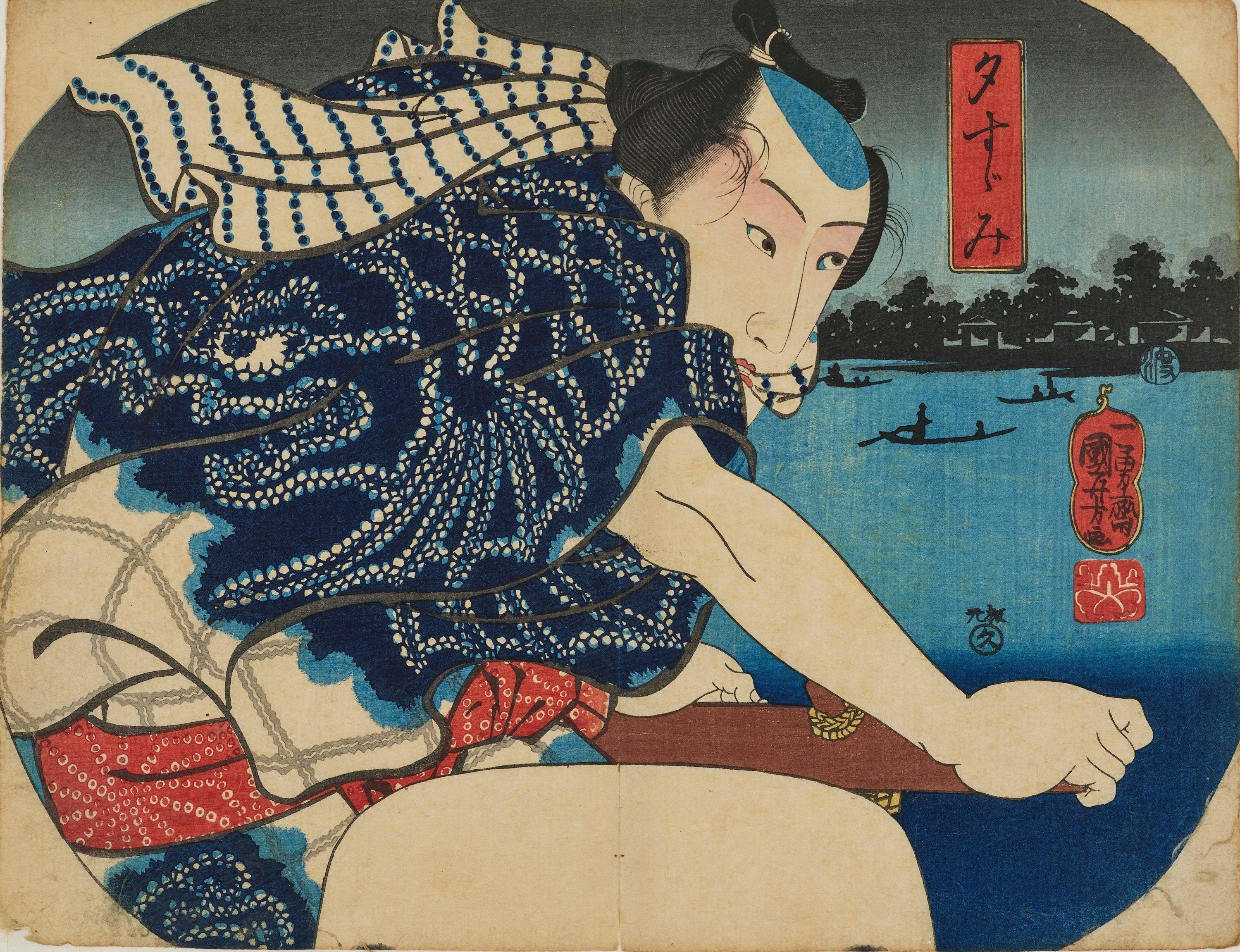 浮世絵風アート 女性とドラゴン