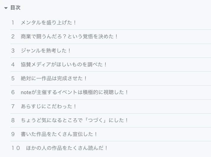 秋谷さんが創作大賞に応募した際に心がけた10ヶ条の目次10個
