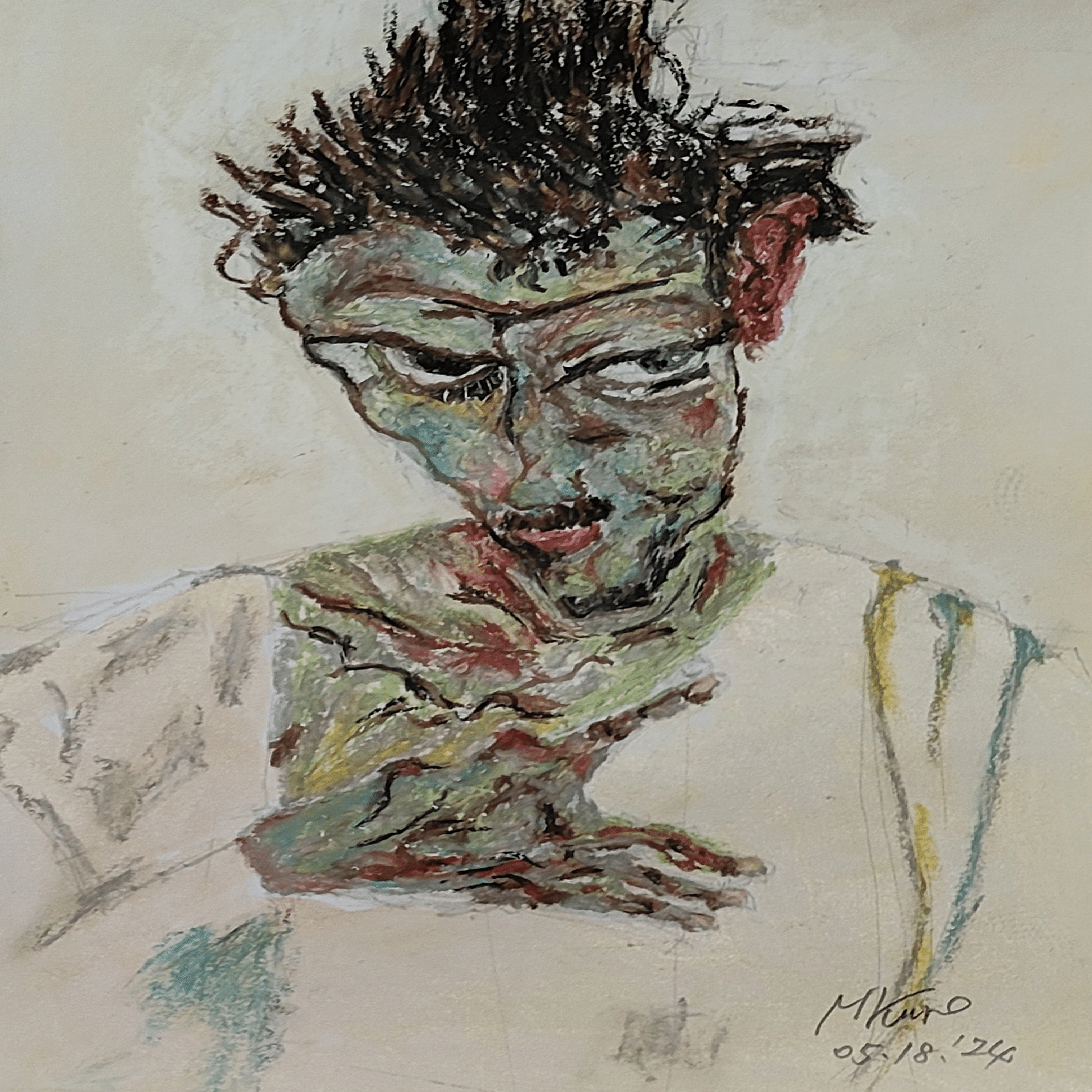 エゴン・シーレ、【首を傾げた自画像】、希少な画集画、状態良好 学芸美術 画家の心 第59回「エゴン・シーレ 首を傾げた自画像
