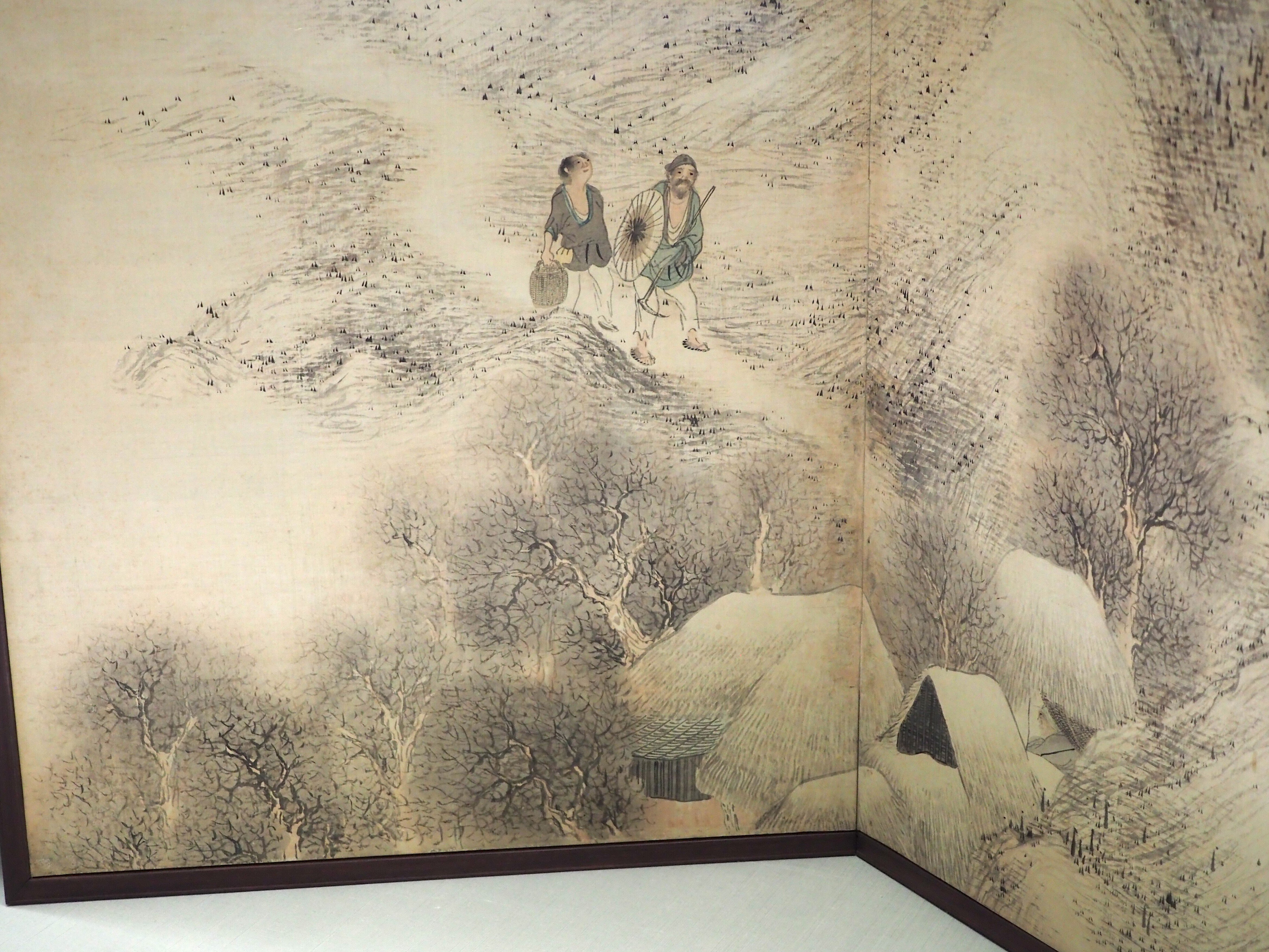 都屋】20 呉泉 落款有 水墨画 仙人 花鳥 山水図 屏風 六曲一双