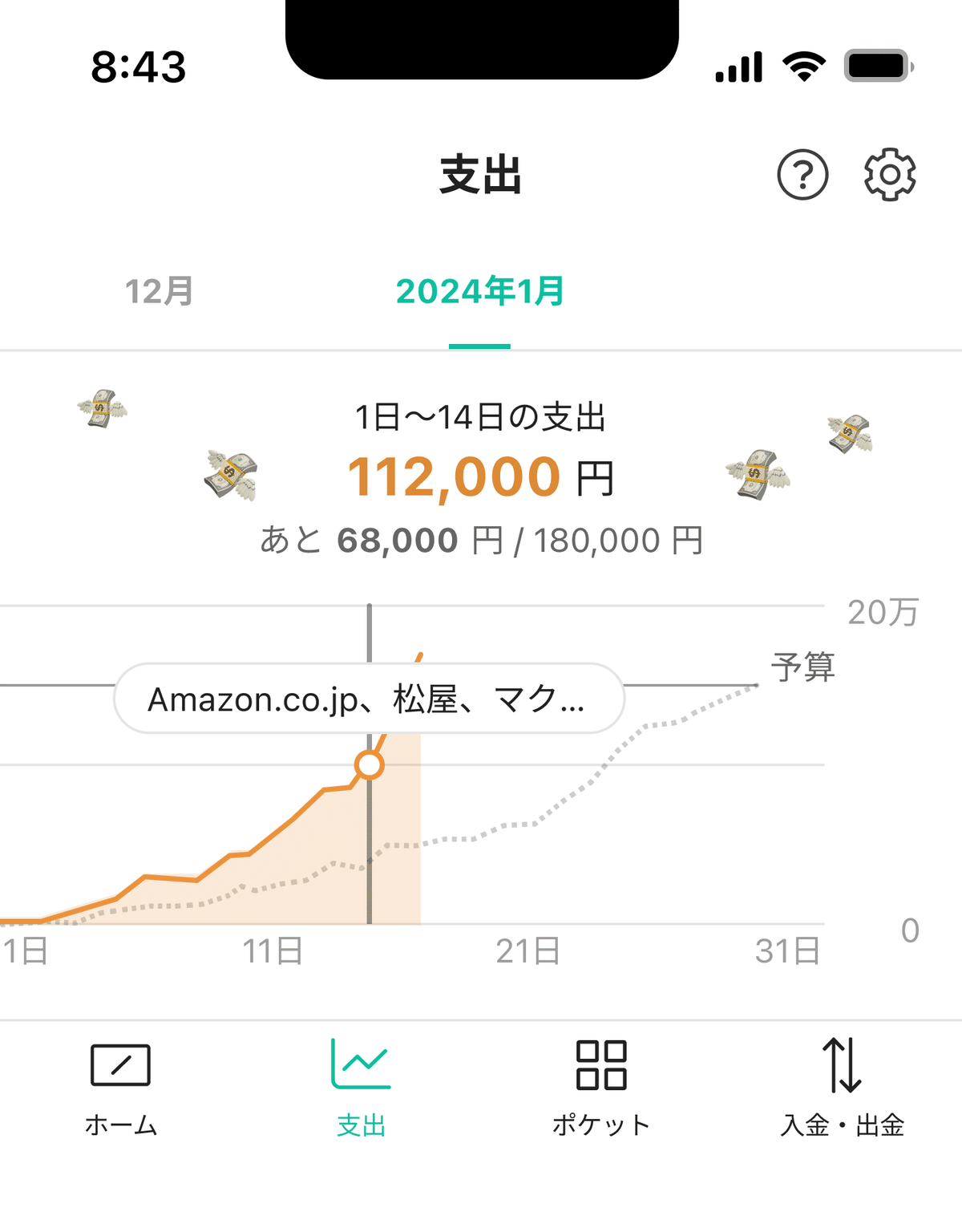 家計簿プリカB/43の支出画面。グラフをなぞって支出ペースを超えていたら💸の絵文字が飛ぶことが表現されている。