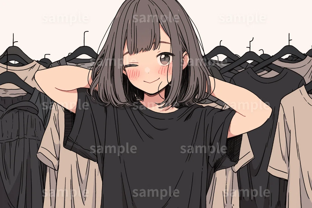 イラスト】「試着する女の子」の素材｜女性・SNS・ファッション・挿絵