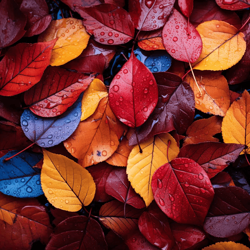 紅葉、冬の落ち葉で埋め尽くされた画像：Midjourney プロンプト