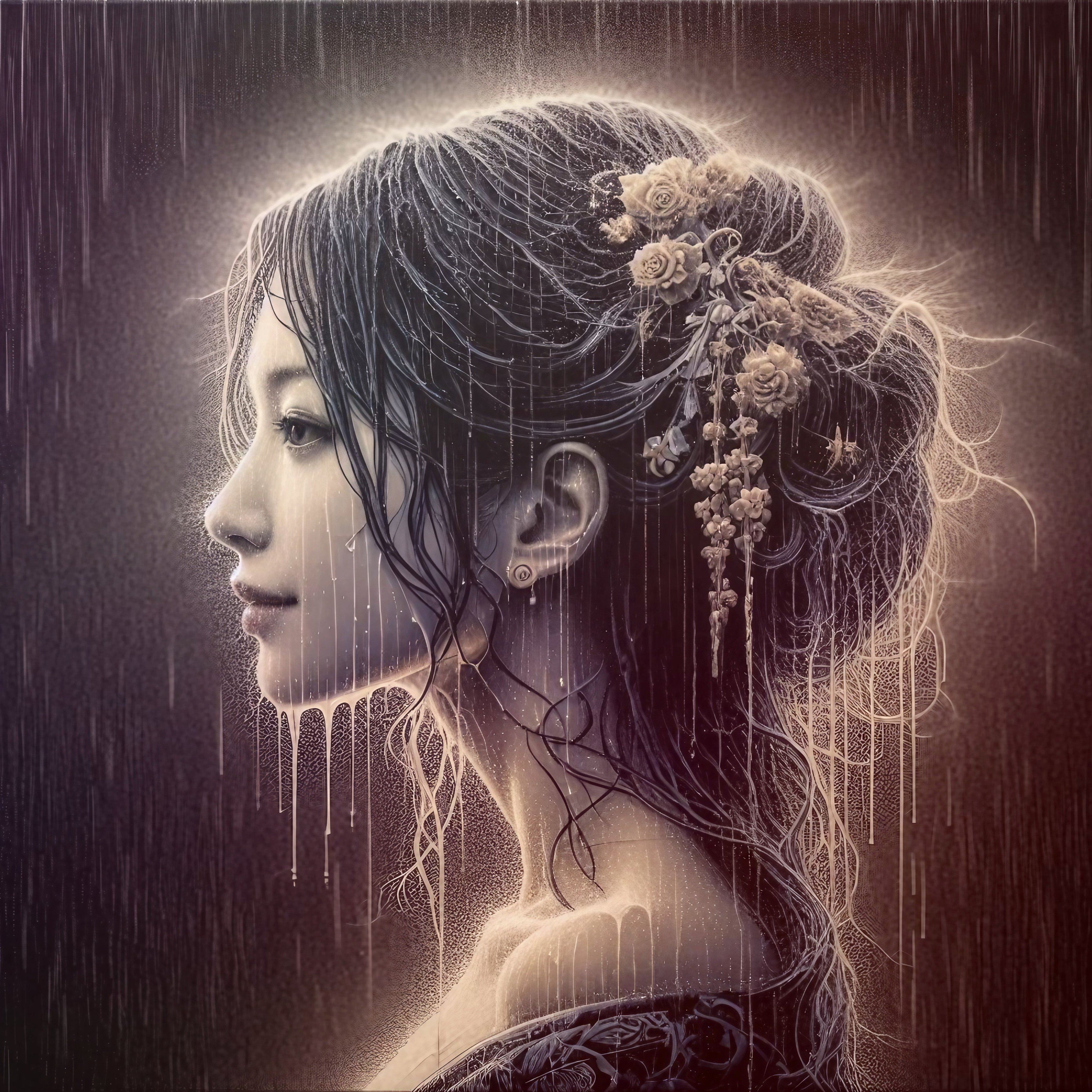 AIが描く魂の解放: 流れ落ちる雨の中の女性像 : コンセプチュアル