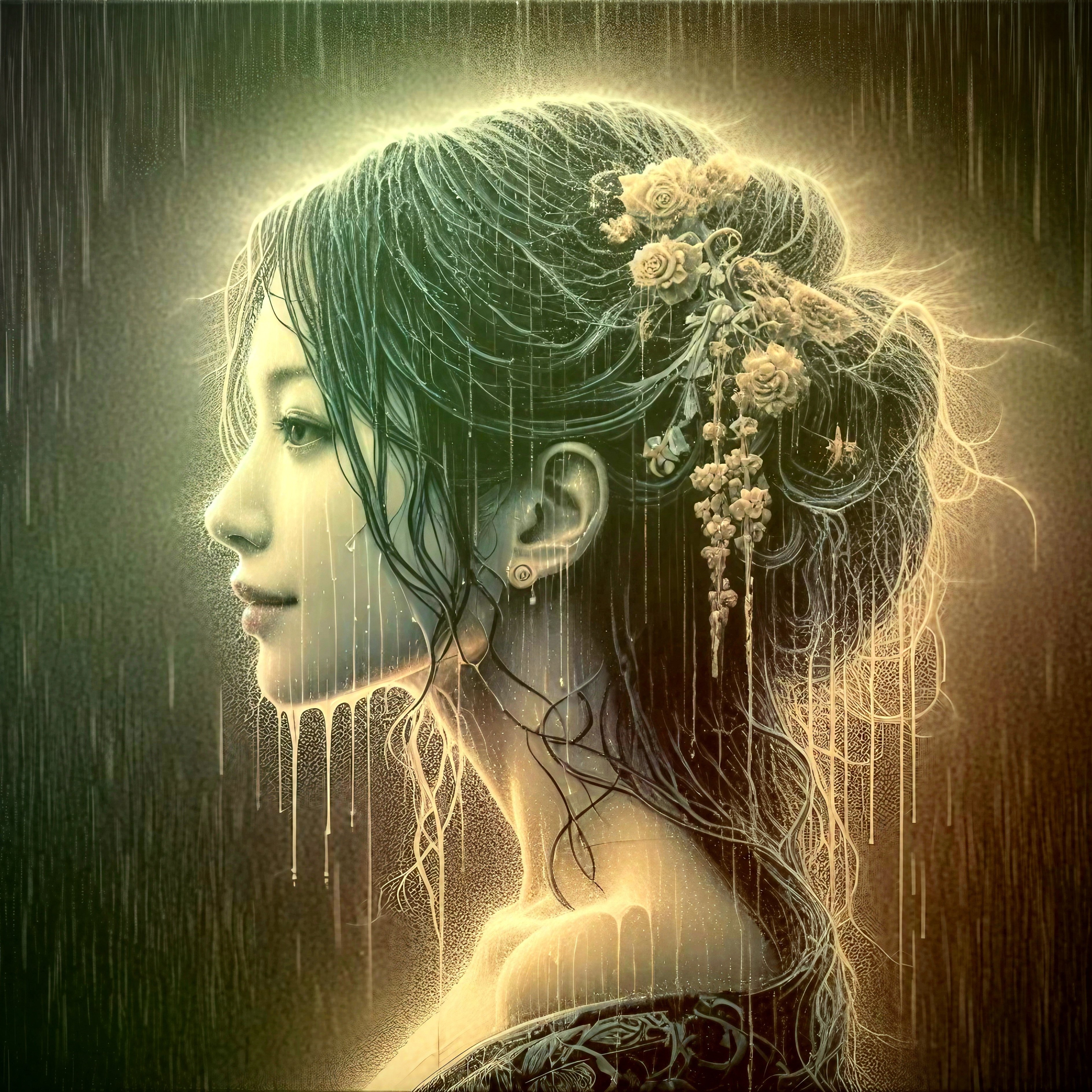 AIが描く魂の解放: 流れ落ちる雨の中の女性像