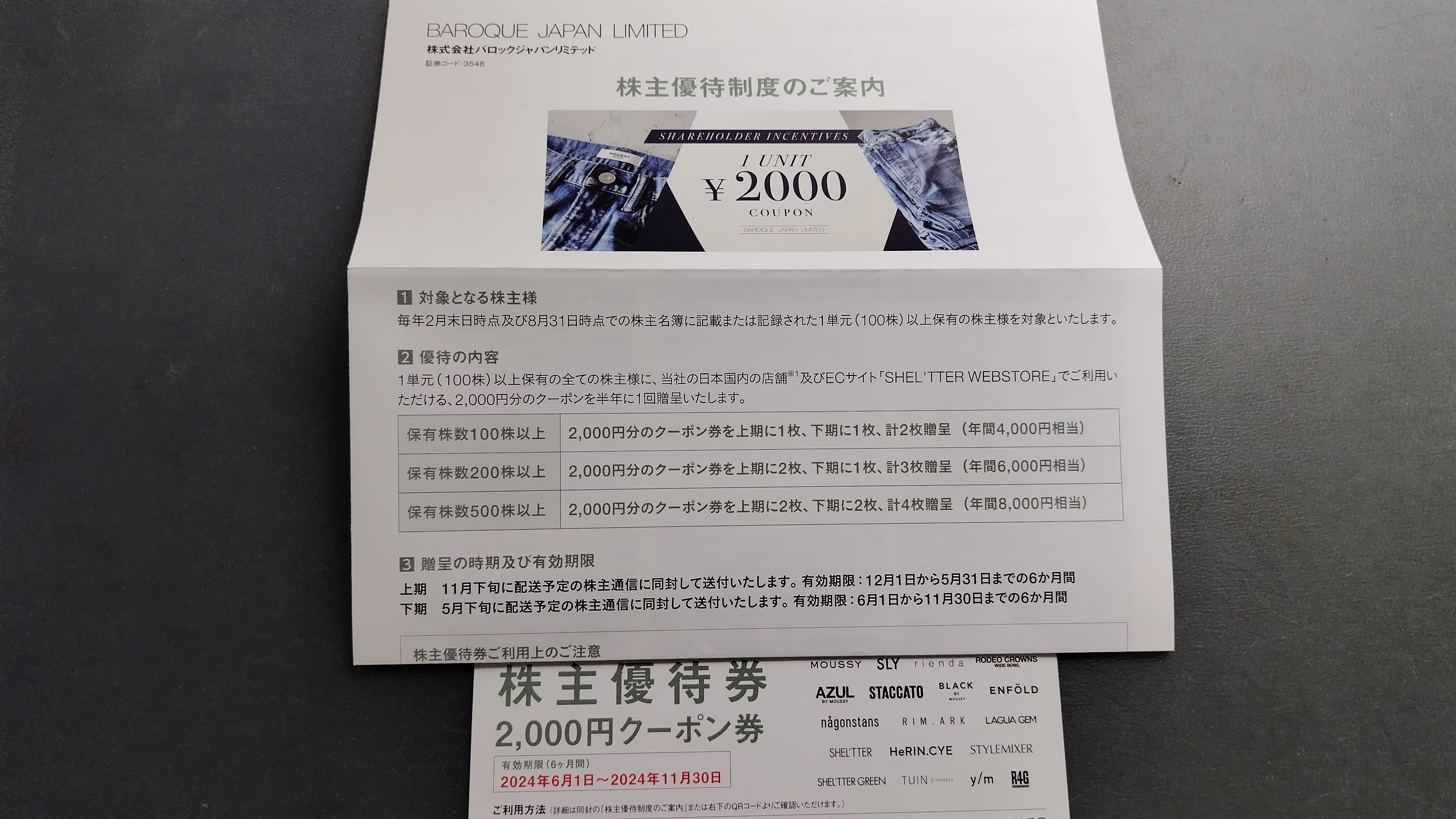 バロックジャパン株主優待2000円クーポン5枚 バロックジャパン