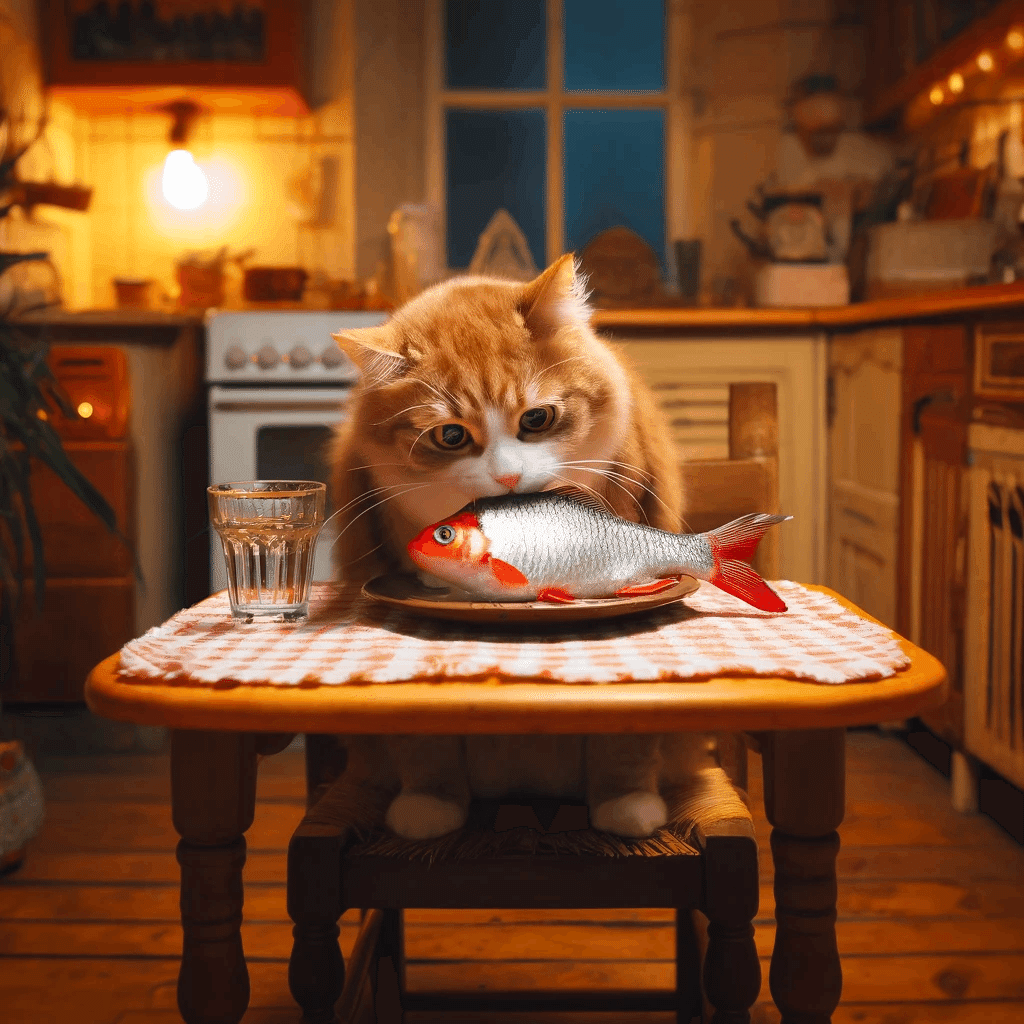 DALL-E3で生成した、頭が赤い魚を食べる猫｜なお｜AIイラスト術師