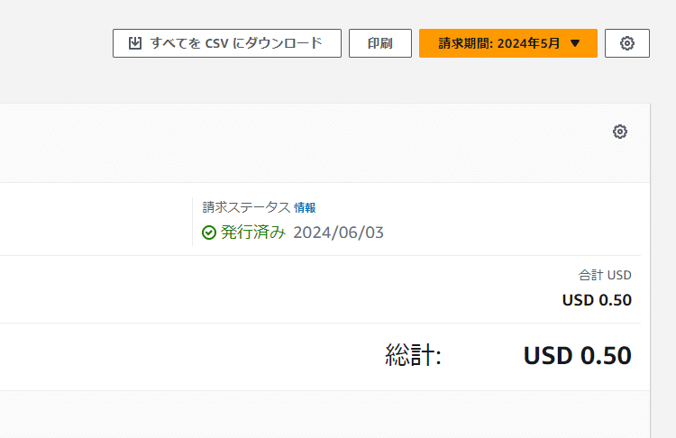 AWSマネジメントコンソールの請求金額を表示している画像
