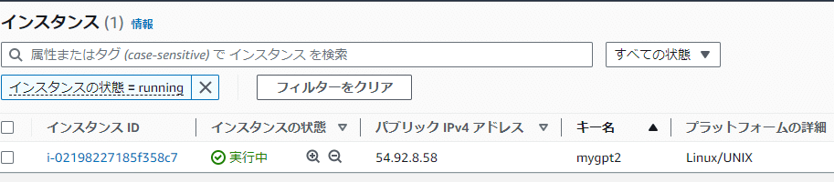 AWSマネジメントコンソールでのインスタンス情報を表示している画像