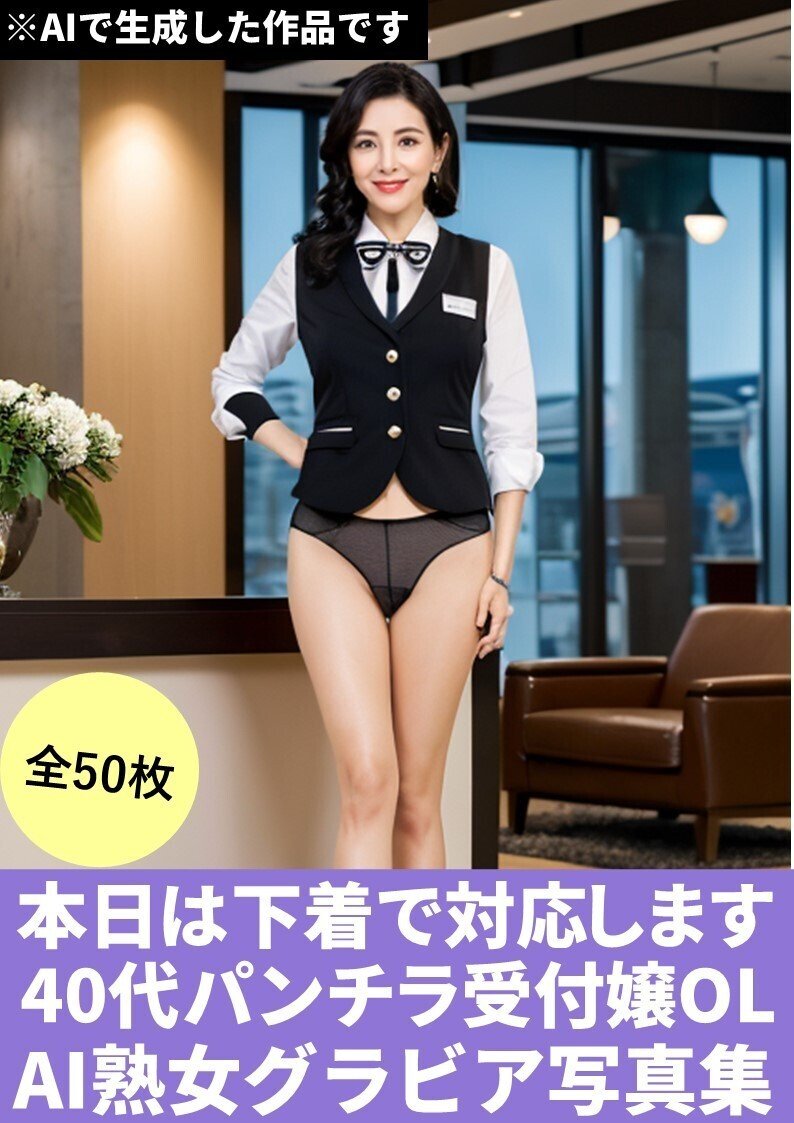 AI画像　パンチラ 本日は下着で対応します【40代パンチラ受付嬢OL】AI熟女グラビア写真集(50枚)「呪文(プロンプト)付き」｜AI熟女ハンター