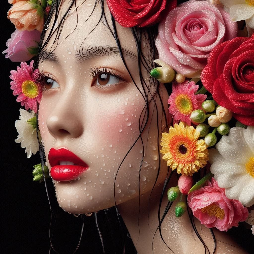 艶やかな花々の日本人女性の幻想的なAIポートレートの実験