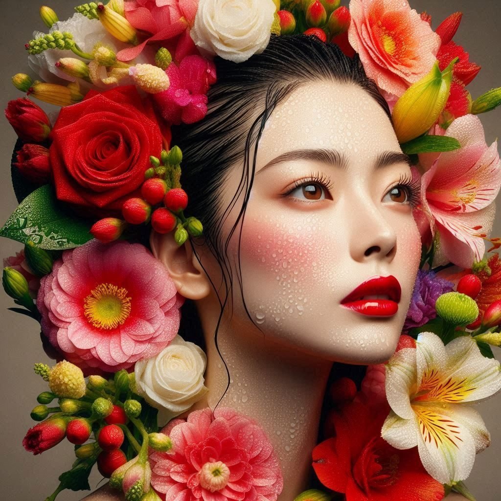 艶やかな花々の日本人女性の幻想的なAIポートレートの実験