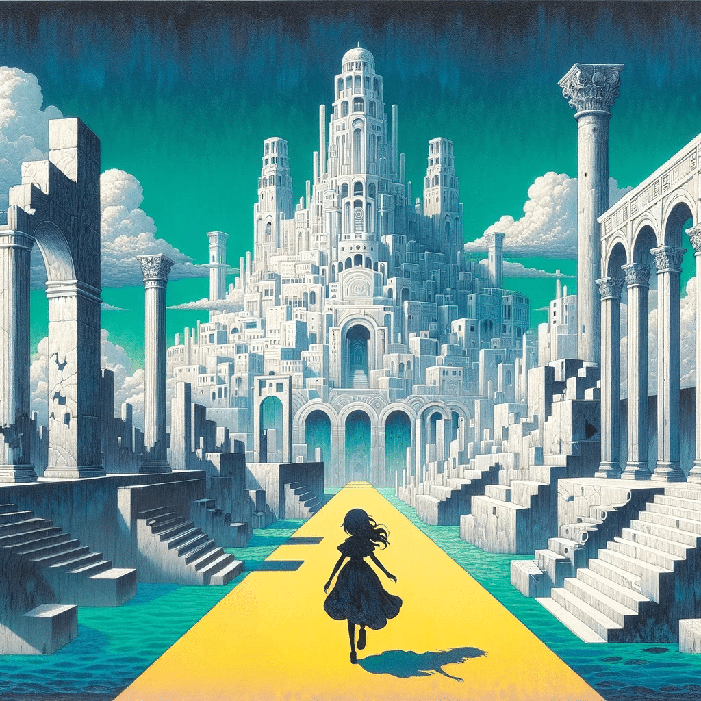 【真作】絵画　技法不明　キリコ風オマージュ絵画　幾何都市の静寂　X109 DALL-E3・デ・キリコ｜Nyori