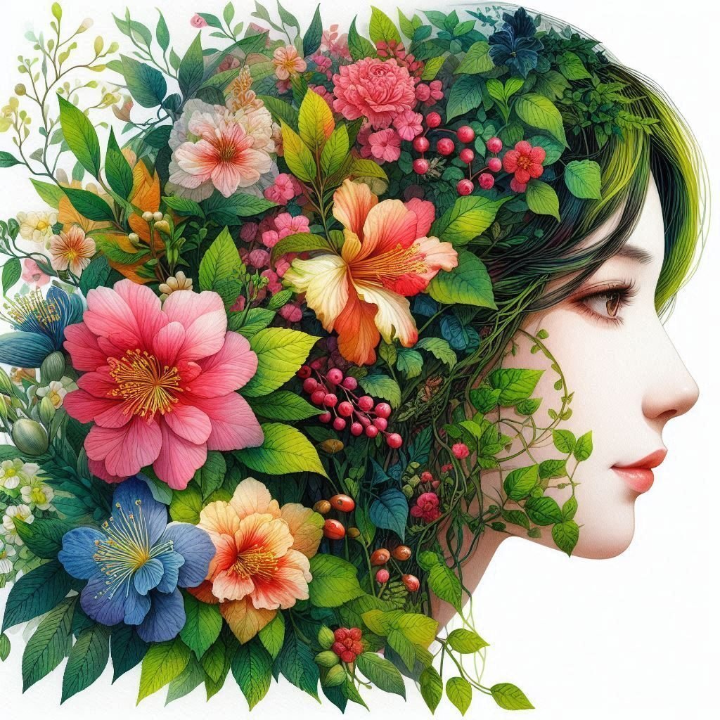 フラワーアート 女性の肖像 花咲く日本人女性の幻想的な肖像画のフローラルアート｜Books