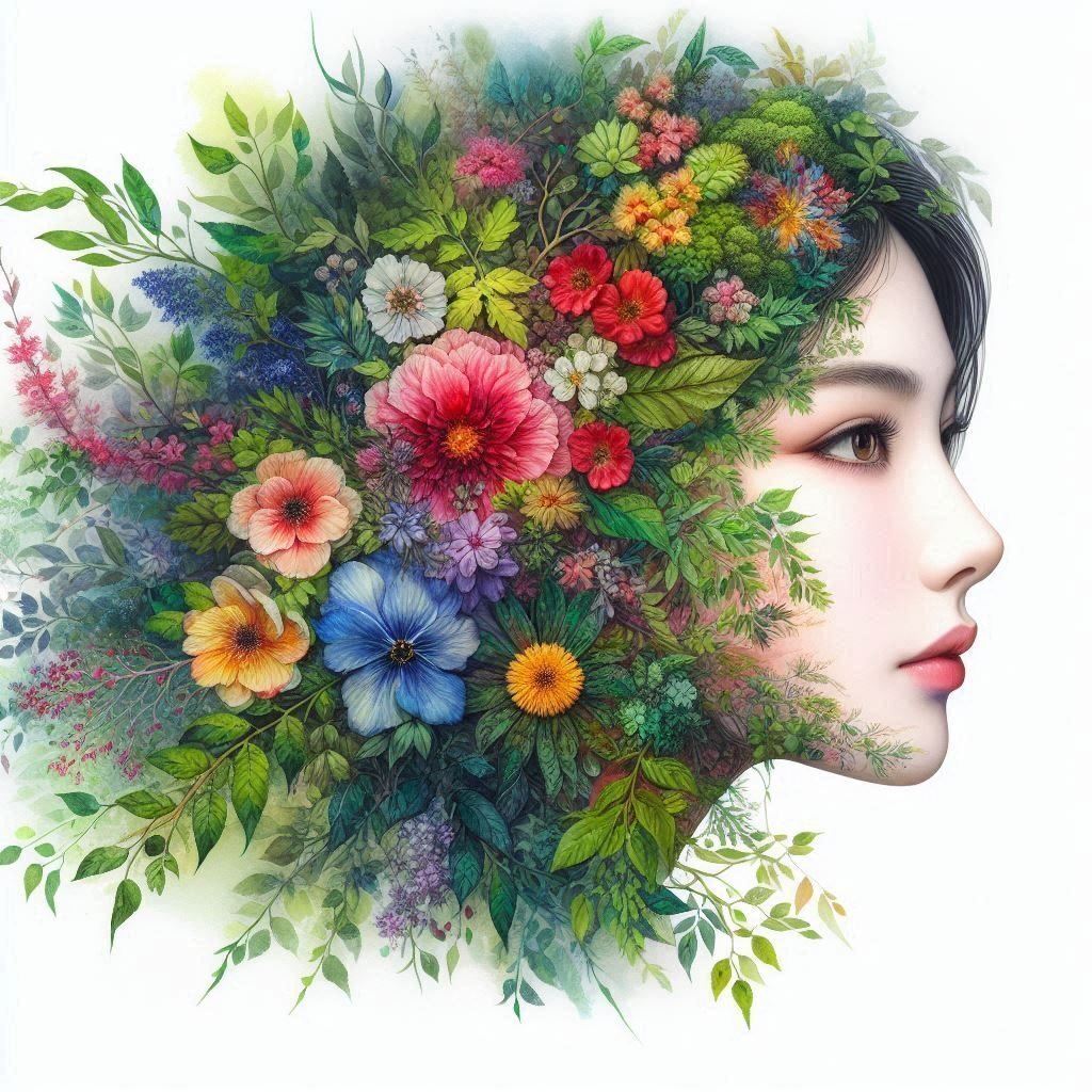 フラワーアート 女性の肖像 花咲く日本人女性の幻想的な肖像画のフローラルアート｜Books