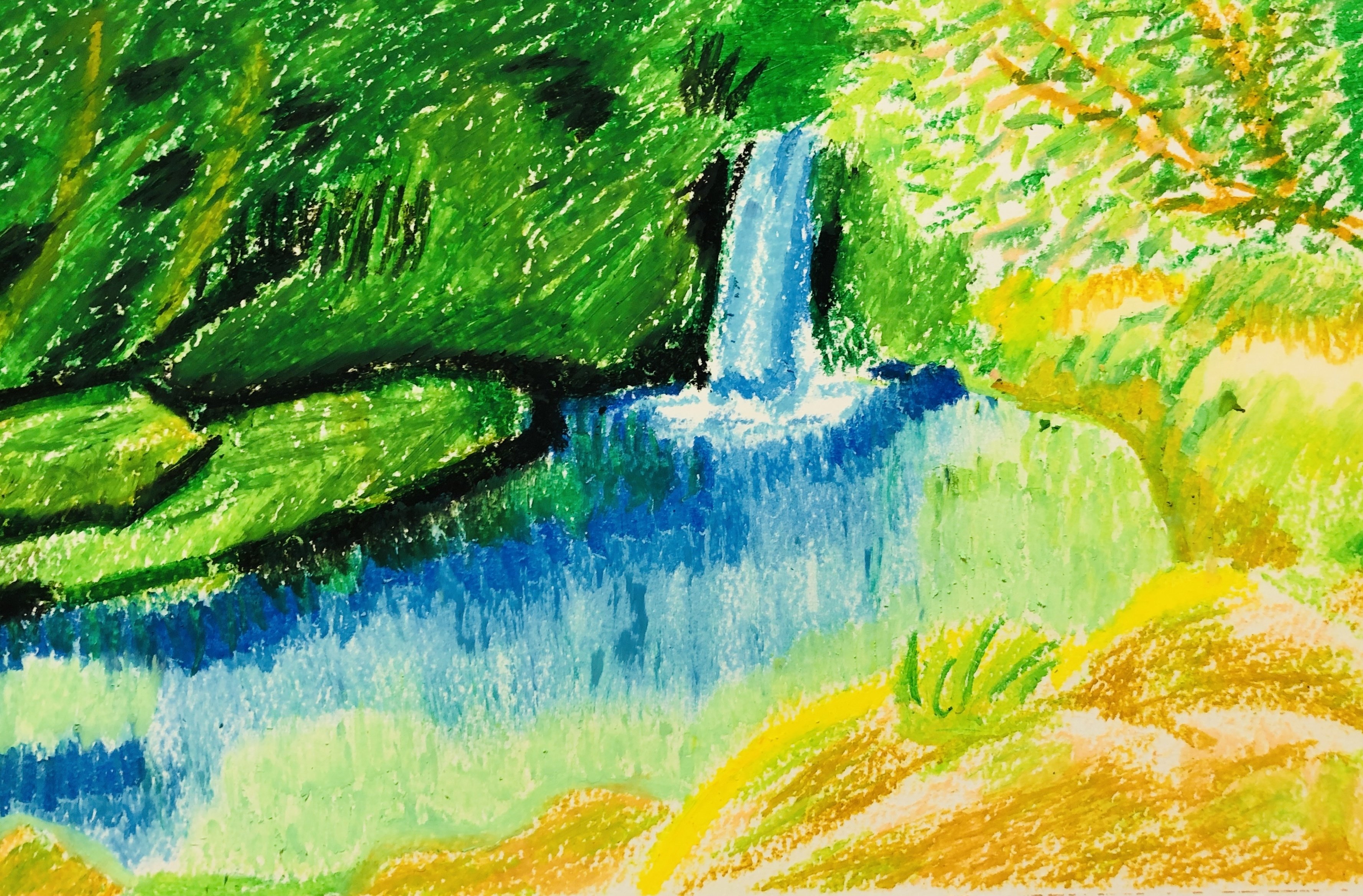 クレパス画・滝の流れる池｜空想だいあぱ案内人kuramaippei