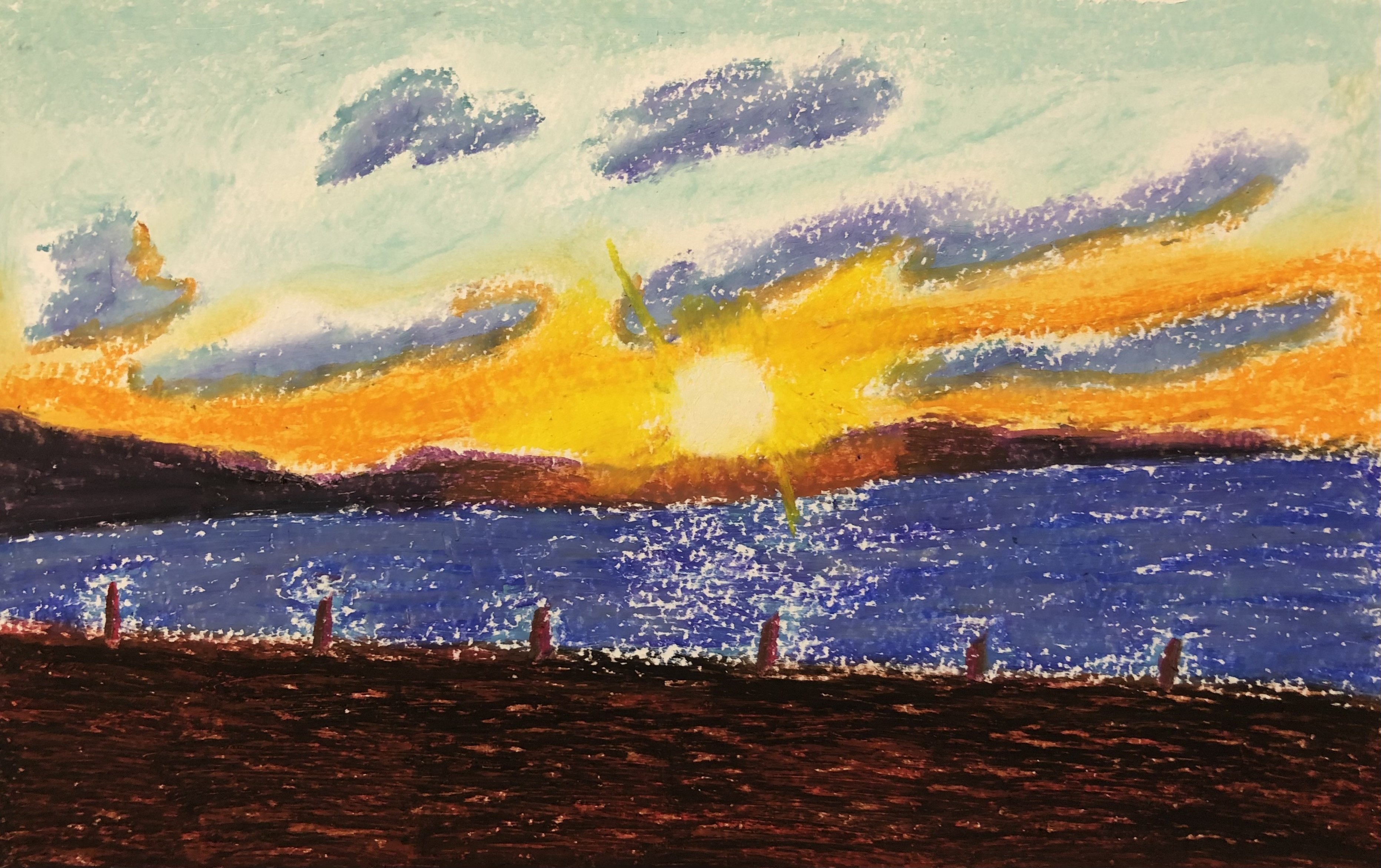 クレパス画・夕暮れの海｜空想だいあぱ案内人kuramaippei