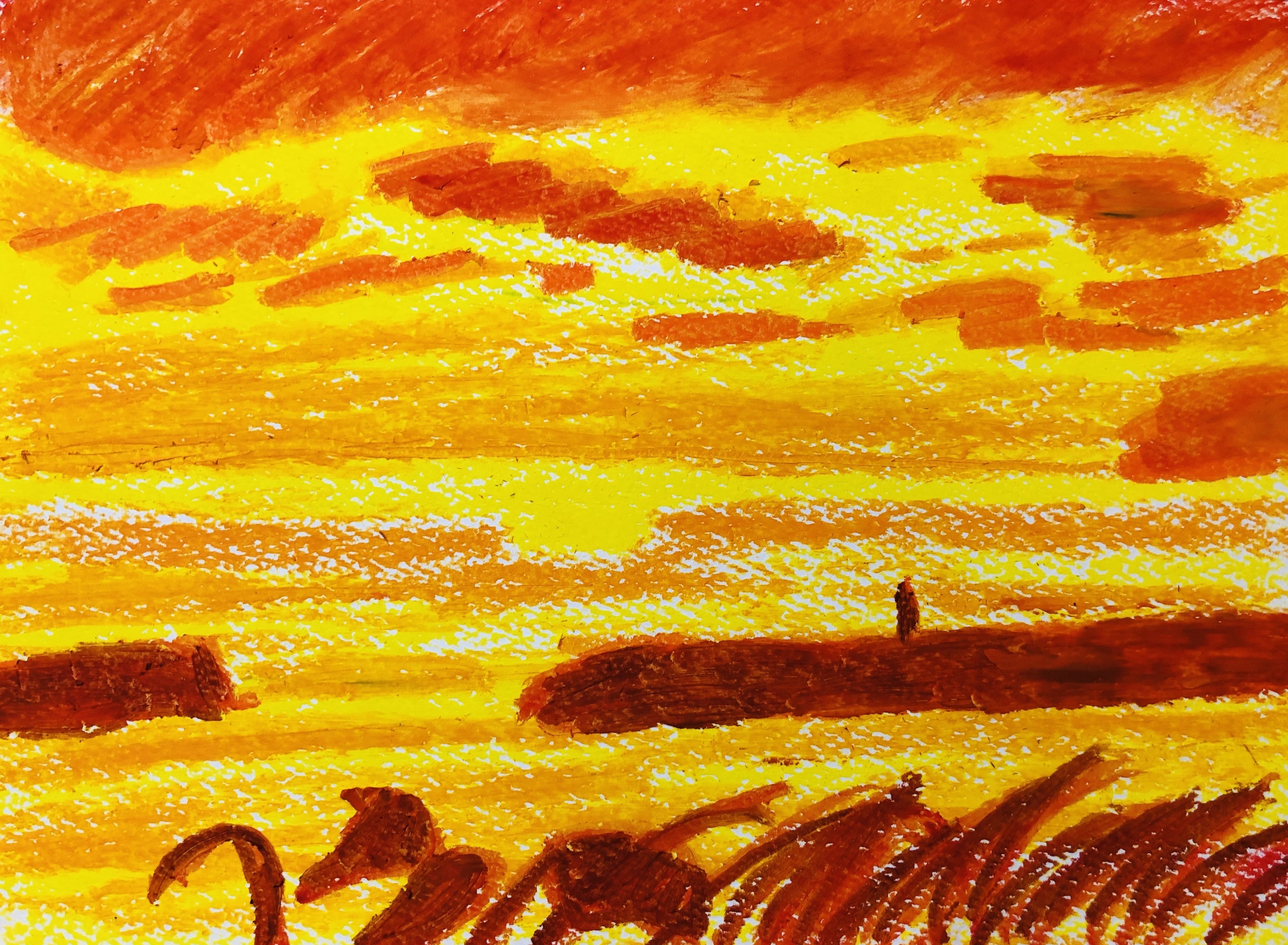 クレパス画・まぶしい夕焼け｜空想だいあぱ案内人kuramaippei