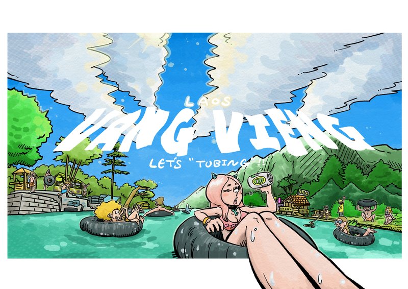 現在製作中の世界一周を題材にした旅漫画「WESTBOUND」のイメージイラストです。舞台はラオスのバンビエン。ここでは「チュービング」と呼ばれるタイヤの川下りがあるんですよね〜。