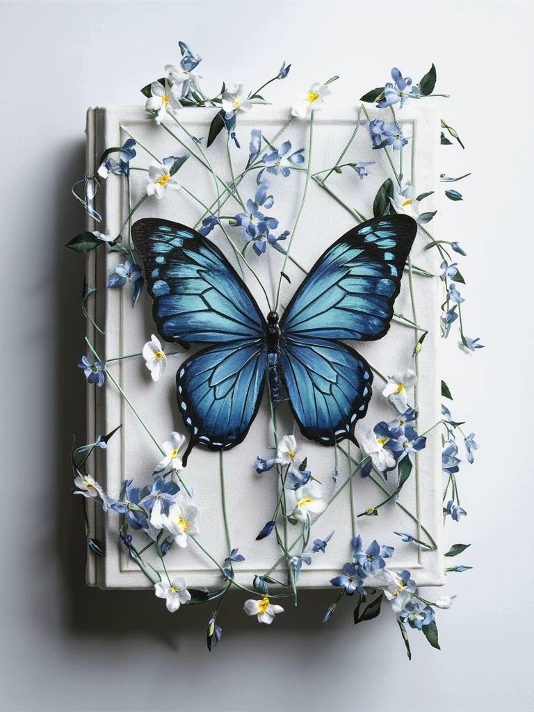 青い蝶と花のファンタジー - キャンバス上のシュールなデジタルアート