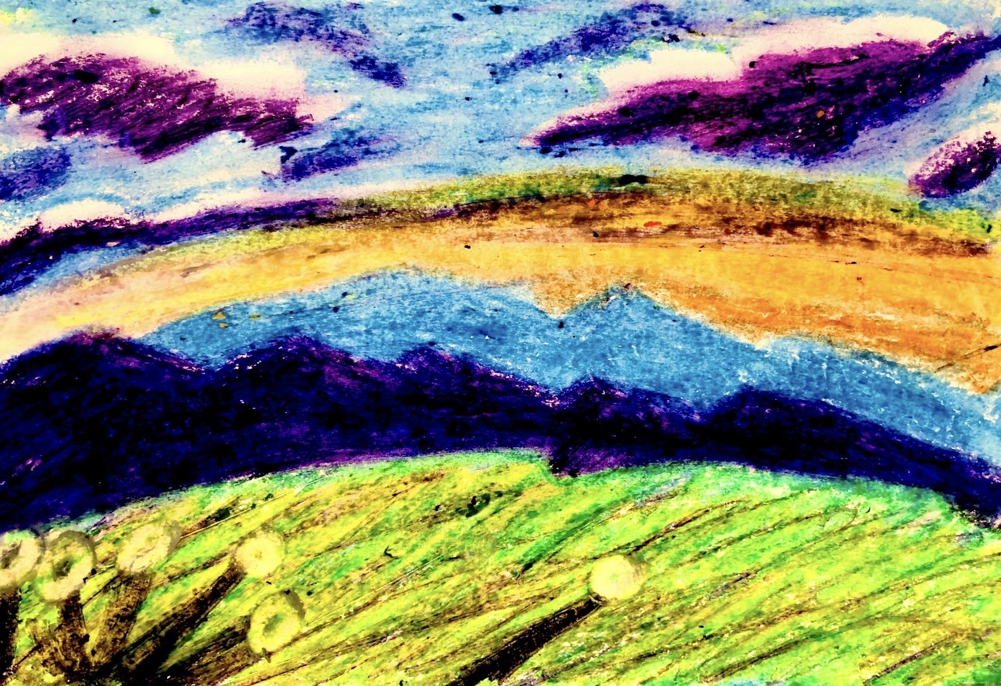 クレヨン画・夕暮れの山｜空想だいあぱ案内人kuramaippei