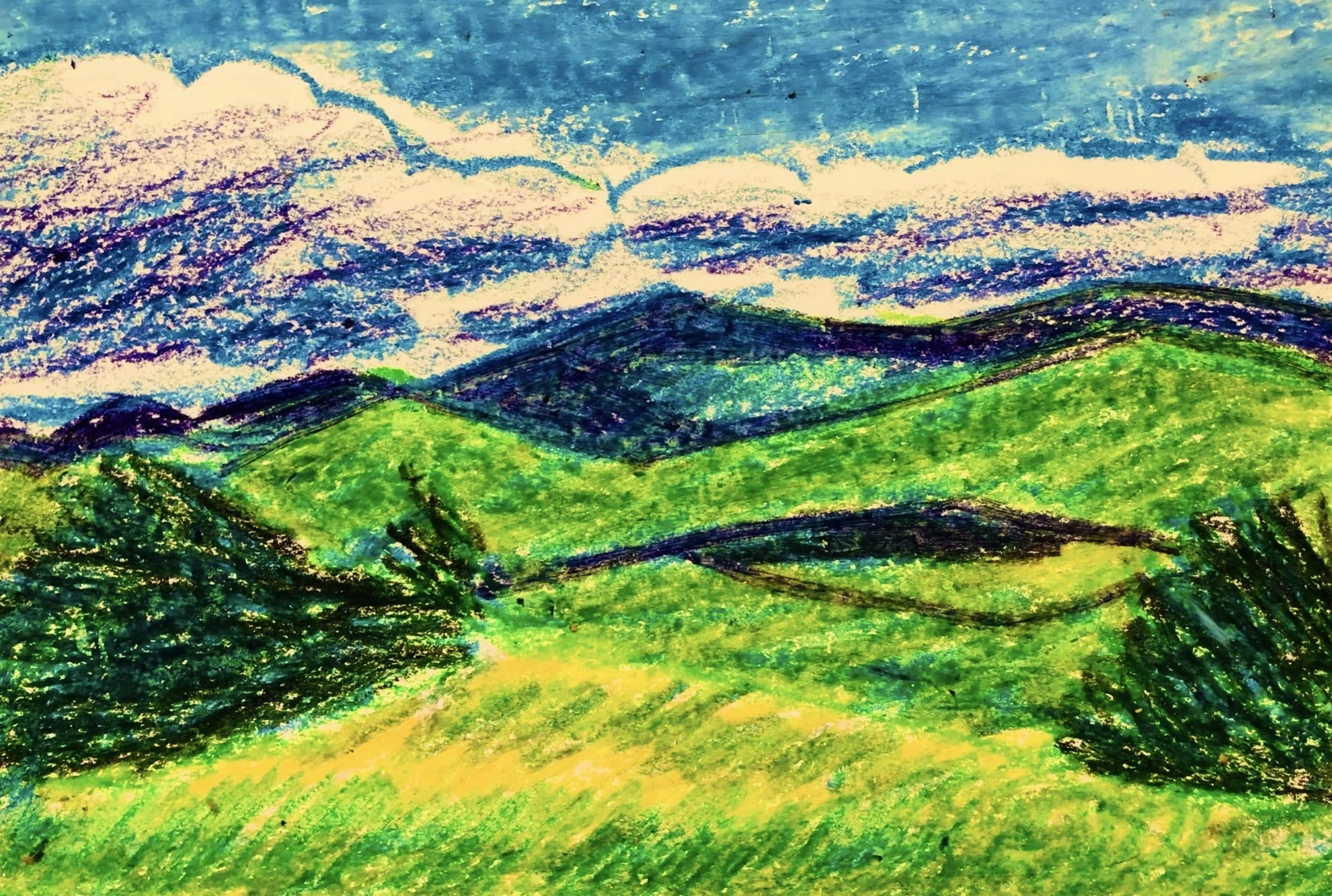 クレヨン画・山と空｜空想だいあぱ案内人kuramaippei