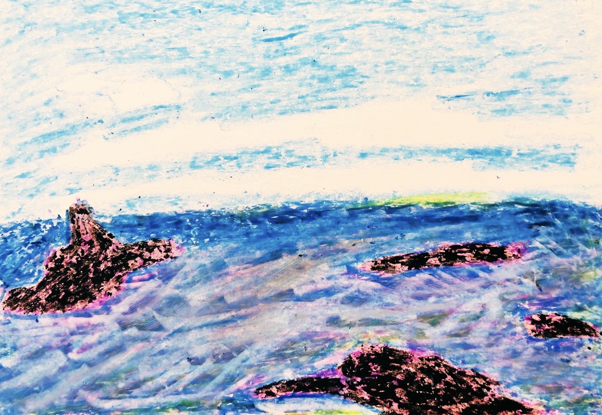 クレヨン画・荒波の海｜空想だいあぱ案内人kuramaippei
