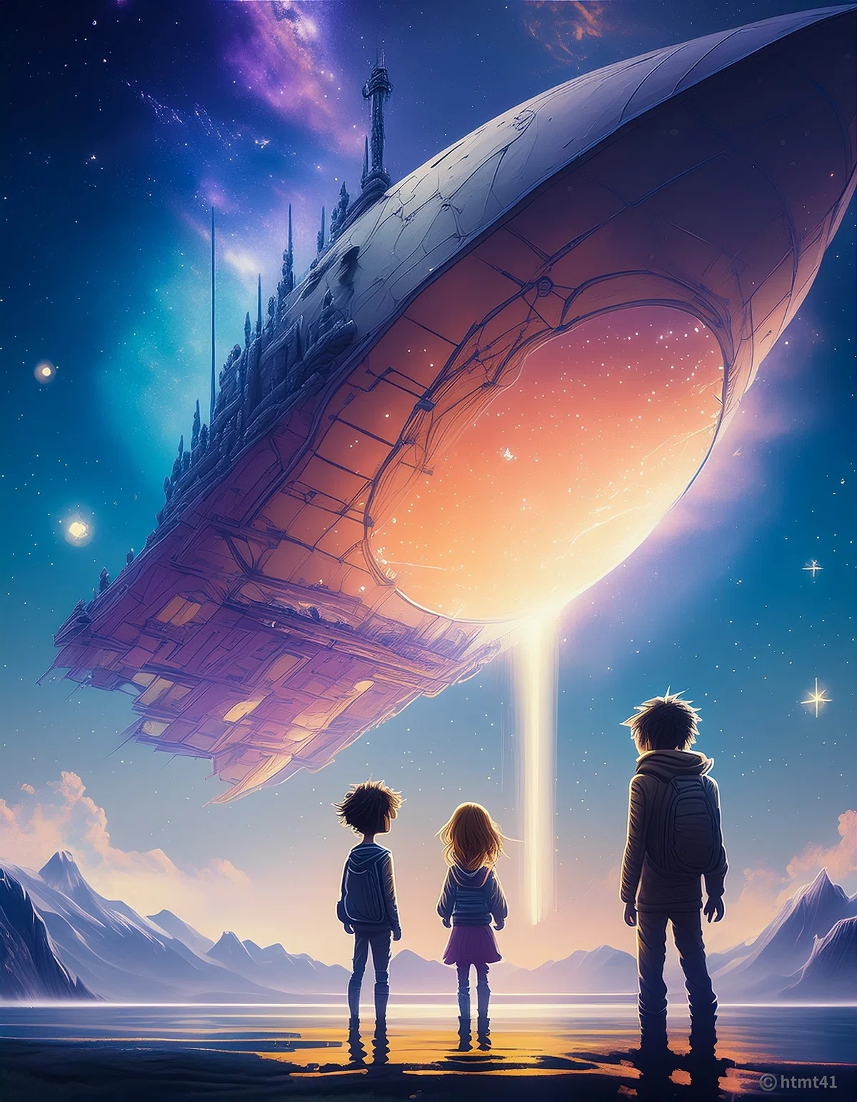 児童書向けの鮮やかな表紙イラスト。星々の光を反射して輝く、流線型の美しい宇宙船が、広大で色鮮やかな宇宙空間を飛んでいる。宇宙には、無数の星々と星雲が輝いている。手前には、登場キャラクターがプラットフォームに立ち、宇宙船を畏敬の念で見つめている。