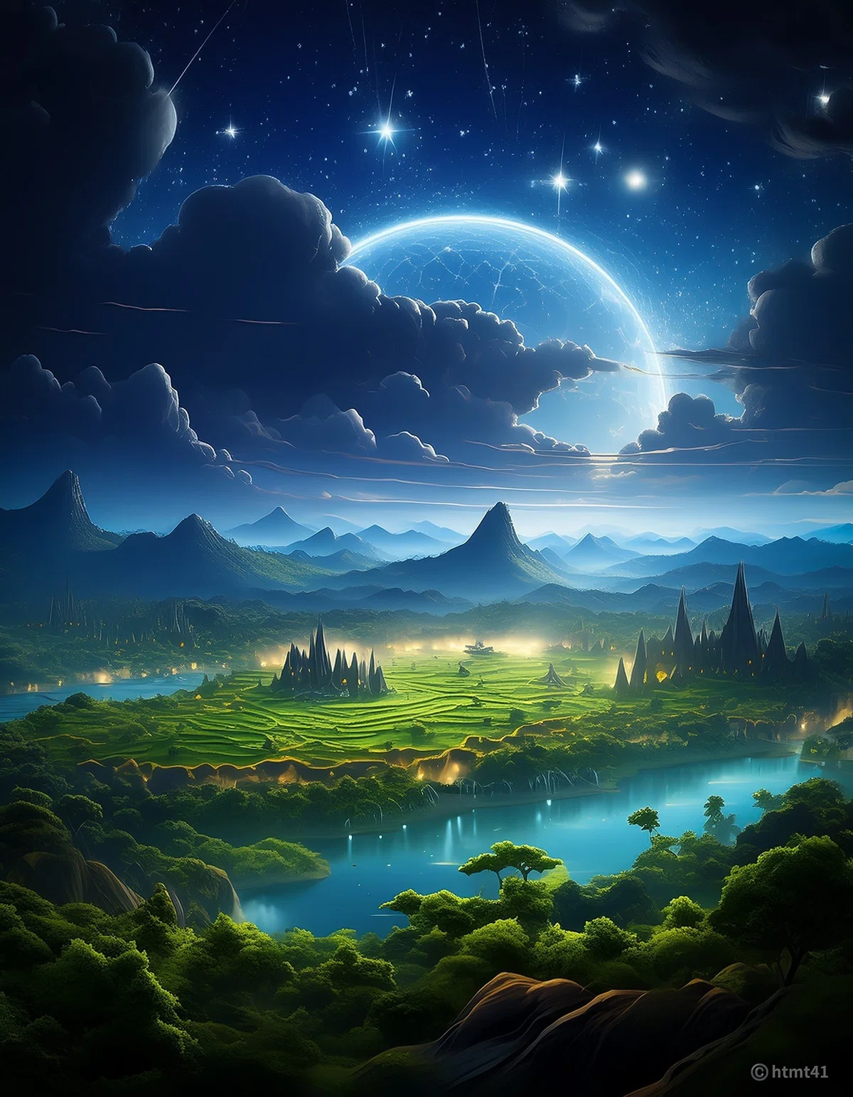 星降る夜のアストリアの全景。緑豊かな森、透き通る湖、古代文明の遺跡が、星空の光に照らされている。遠くには、不吉な黒い雲が迫り、脅威が迫っていることを暗示している。