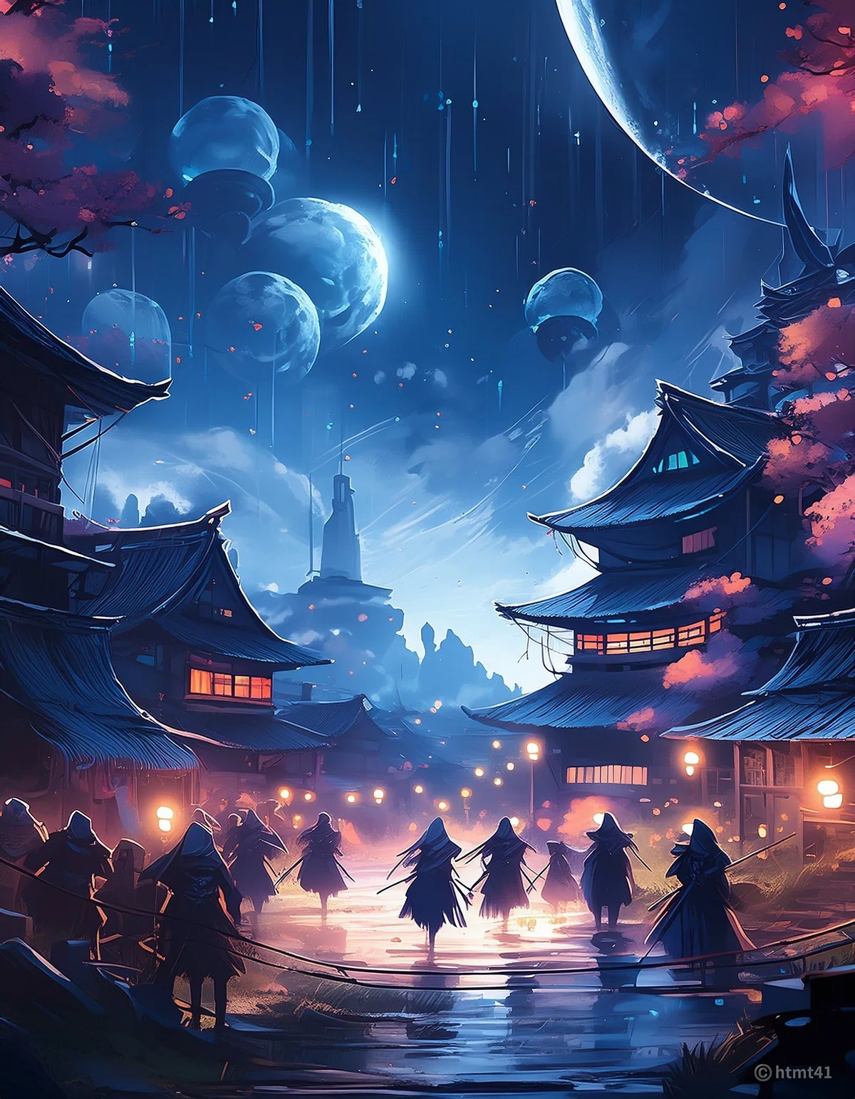 混乱に包まれた村。黒い影が渦巻き、魔法の光が夜空を照らす。リリアたちは影のような人物と勇敢に戦う。