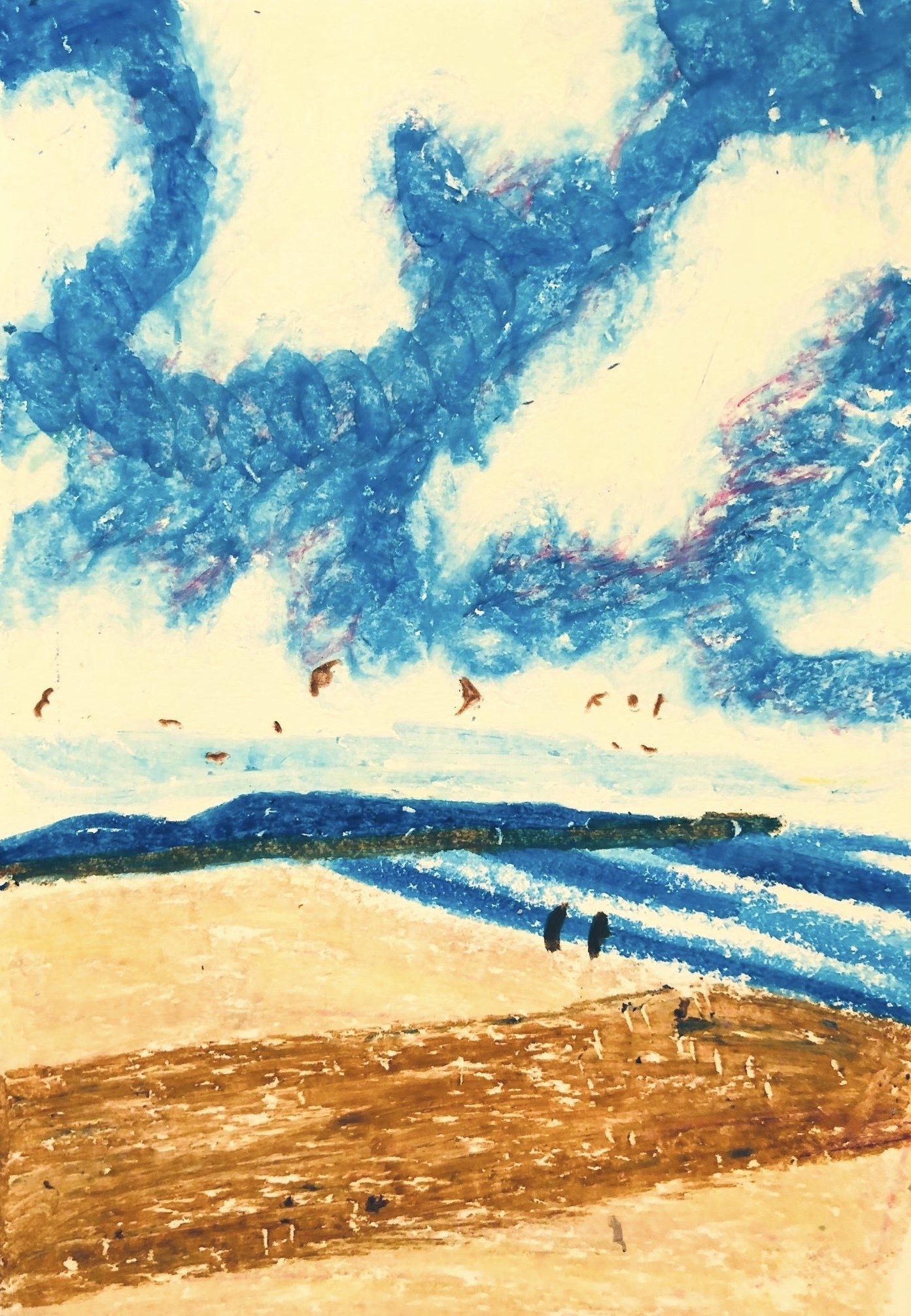 クレヨン画・夏の砂浜｜空想だいあぱ案内人kuramaippei