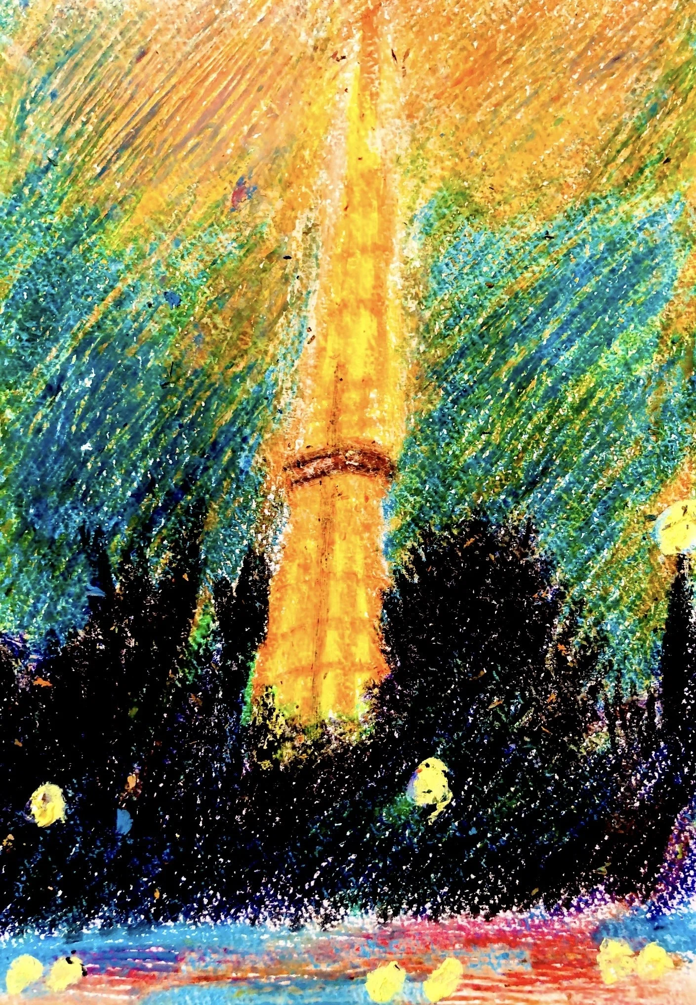 開運クレヨン画 クレヨン画・夜の東京タワー｜空想だいあぱ案内人kuramaippei