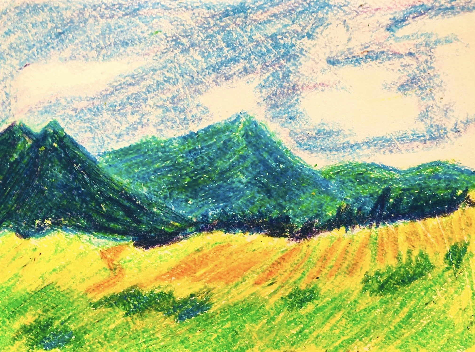 クレヨン画・野山｜空想だいあぱ案内人kuramaippei