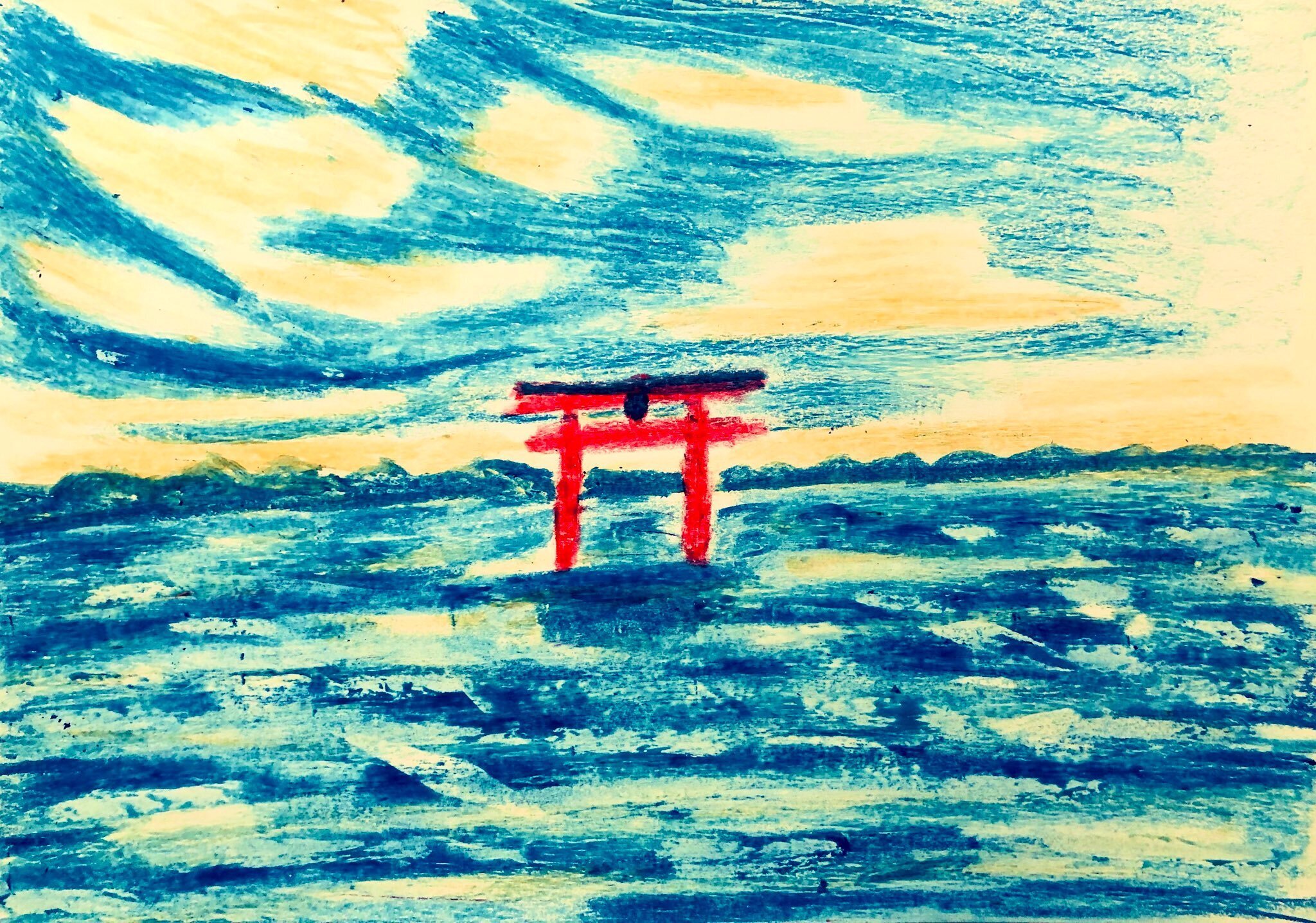 クレヨン画 ・琵琶湖の白鬚神社｜空想だいあぱ案内人kuramaippei